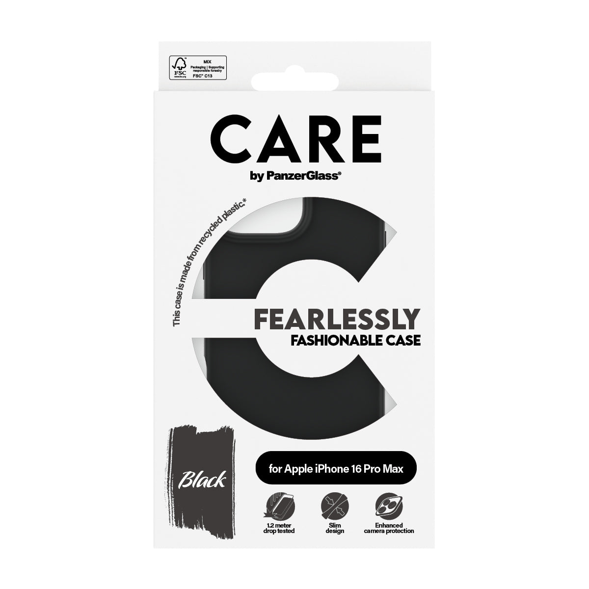 PanzerGlass CARE Backcover – für Apple iPhone 16 Pro Max, TPU+Silikon, Schwarz, bis 1,2 m sturzsicher