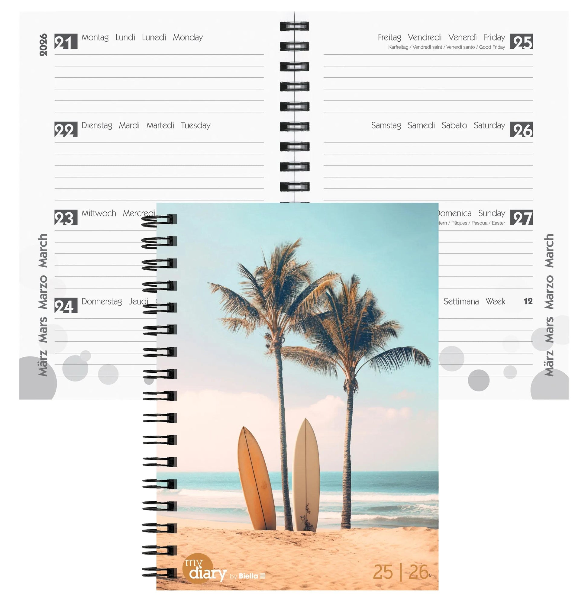 Biella mydiary Schüleragenda – 1 Woche/2 Seiten, Wire-O, 12 × 16,5 cm, Aug–Jul, Beach, FSC
