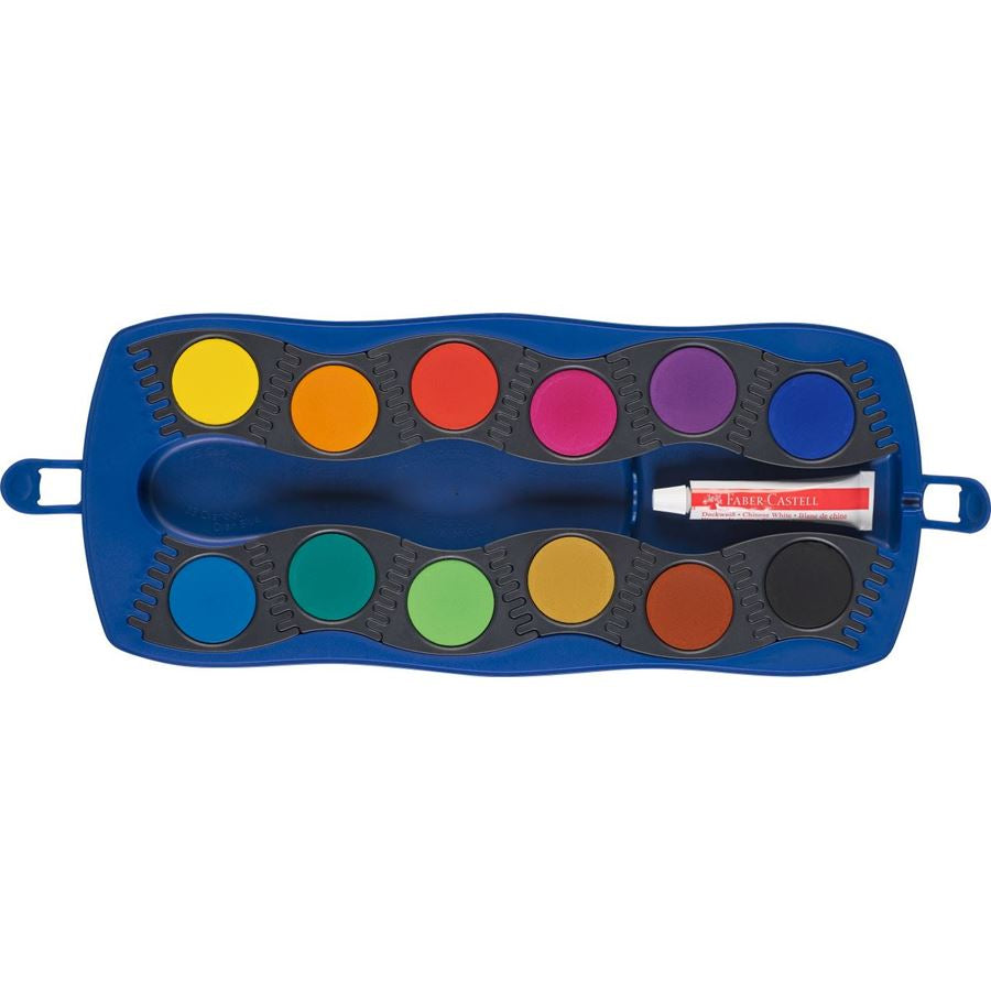 Faber-Castell Deckfarbkasten – Mehrfarbig – 12 Farben, inklusive Deckweisstube, Pinselfach