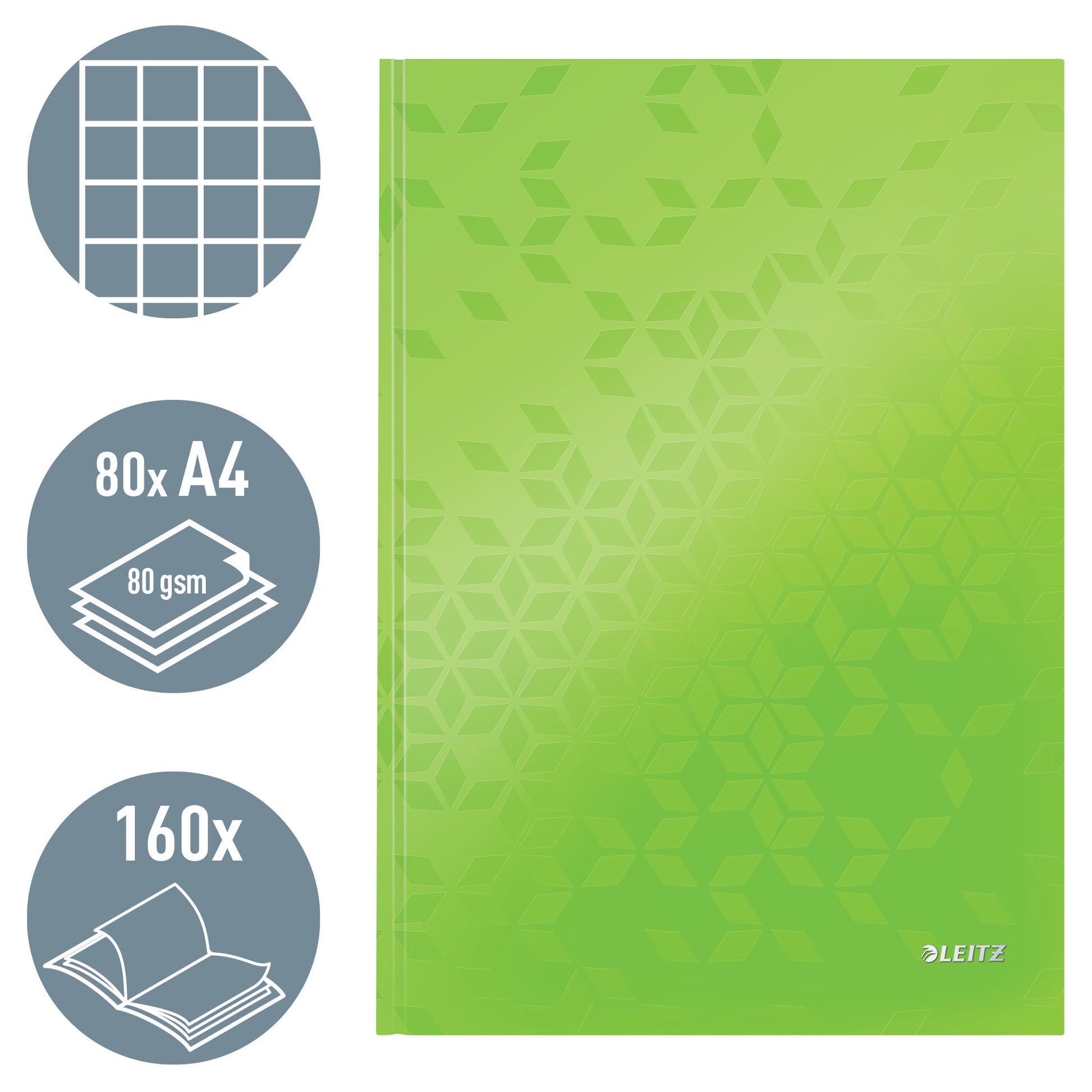 Leitz Notizbuch, A4, kariert, Fadenheftung, Karton, 160 Seiten, 90 g/m² – grün