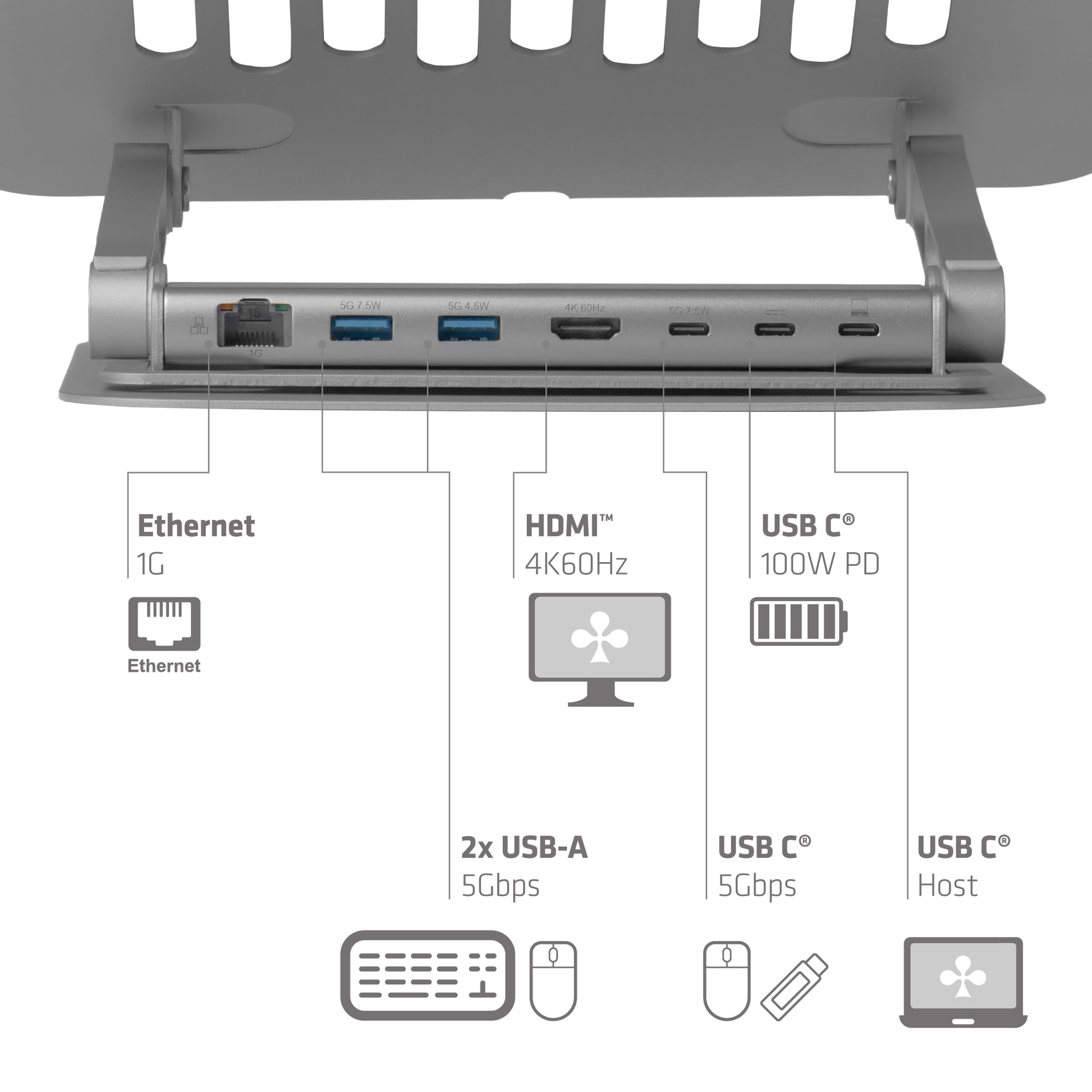 CLUB3D Laptop-Ständer – bis 17,3", höhenverstellbar, mit USB-C-Hub 100 W – Grau