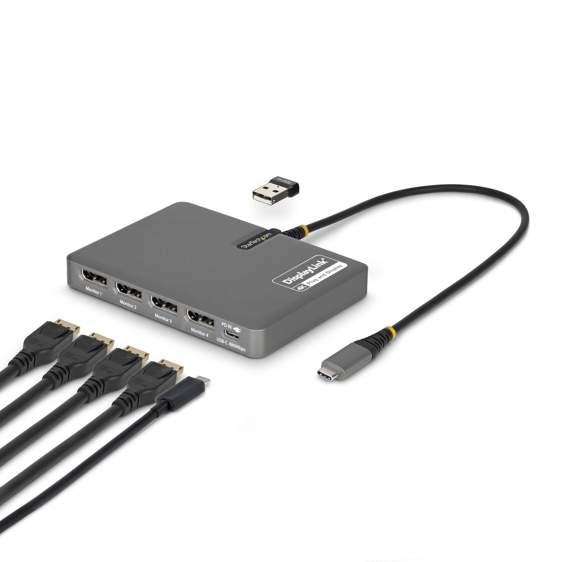 StarTech.com QUAD-USB-DP-ADAPT USB-C zu 4× DisplayPort Multi-Monitor-Adapter – 4K @ 60 Hz, USB 3.2 Gen 1