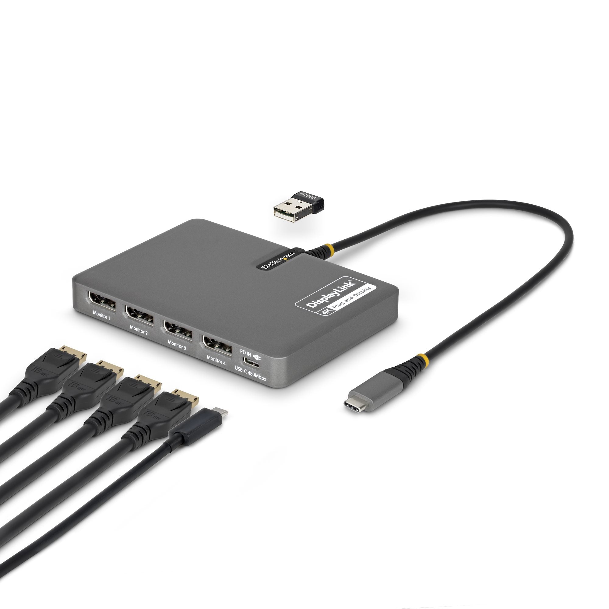 StarTech.com QUAD-USB-DP-ADAPT USB-C zu 4× DisplayPort Multi-Monitor-Adapter – 4K @ 60 Hz, USB 3.2 Gen 1