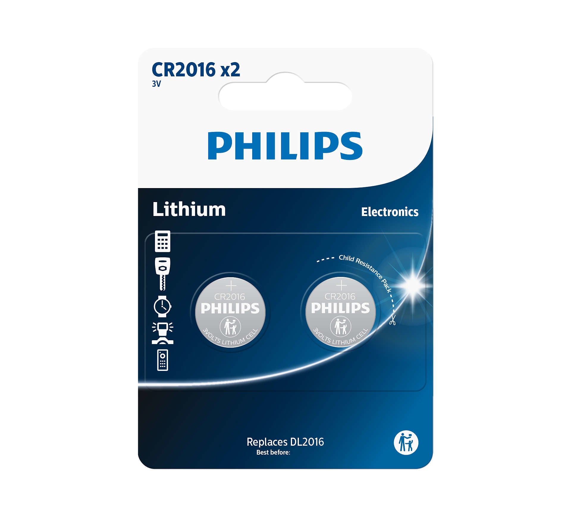 Philips Knopfzellen CR2016, Lithium-Mangandioxid, 3 V – 2 Stk.