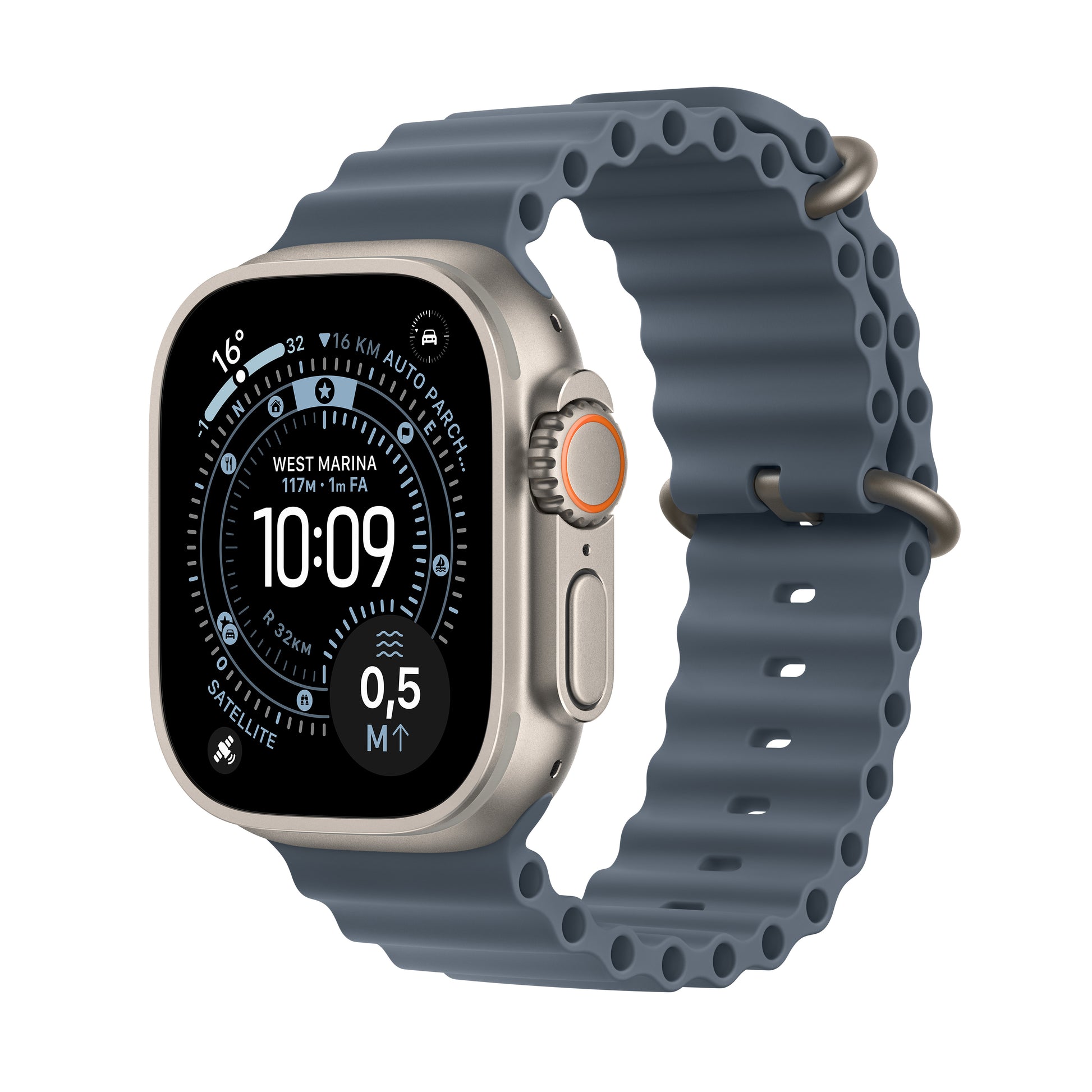 Apple Watch Ultra 3 49 mm GPS + Cellular – Titan, Ocean Band, Anchor Blue, 100 m, für iPhone