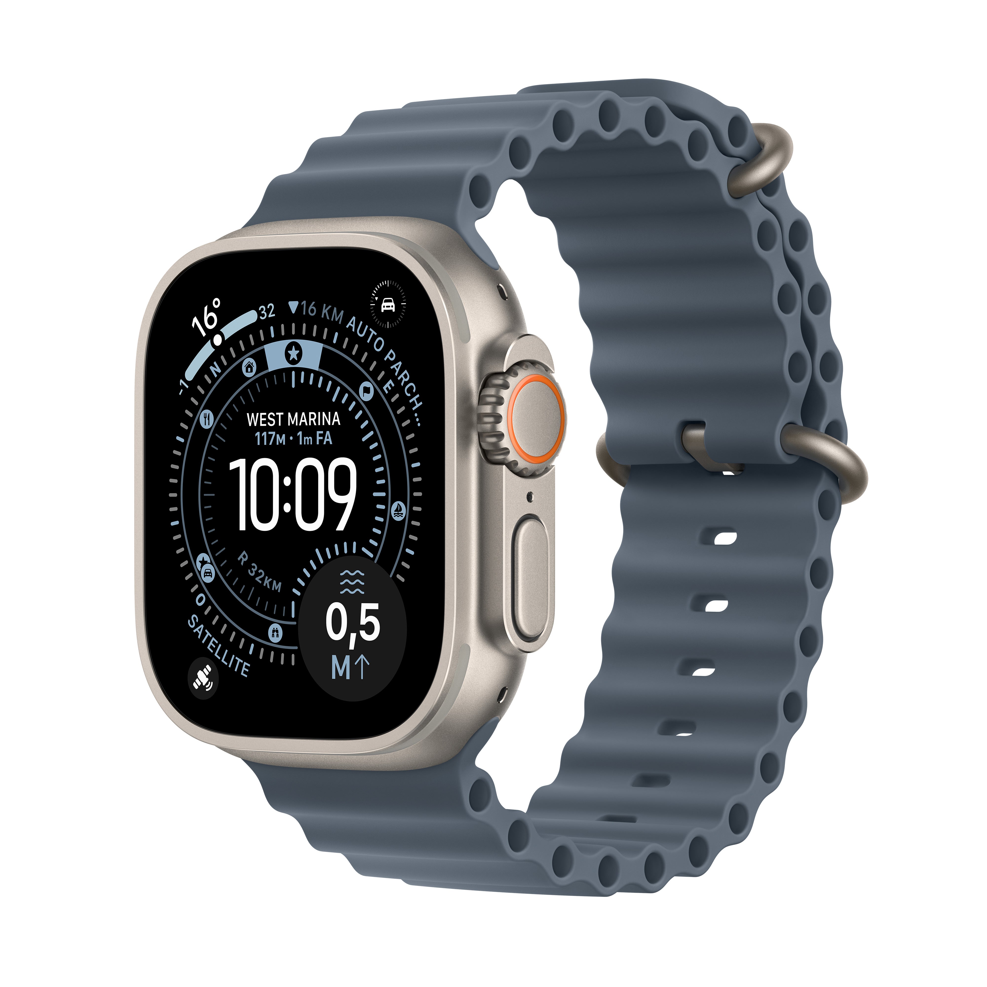 Apple Watch Ultra 3 49 mm GPS + Cellular – Titan, Ocean Band, Anchor Blue, 100 m, für iPhone