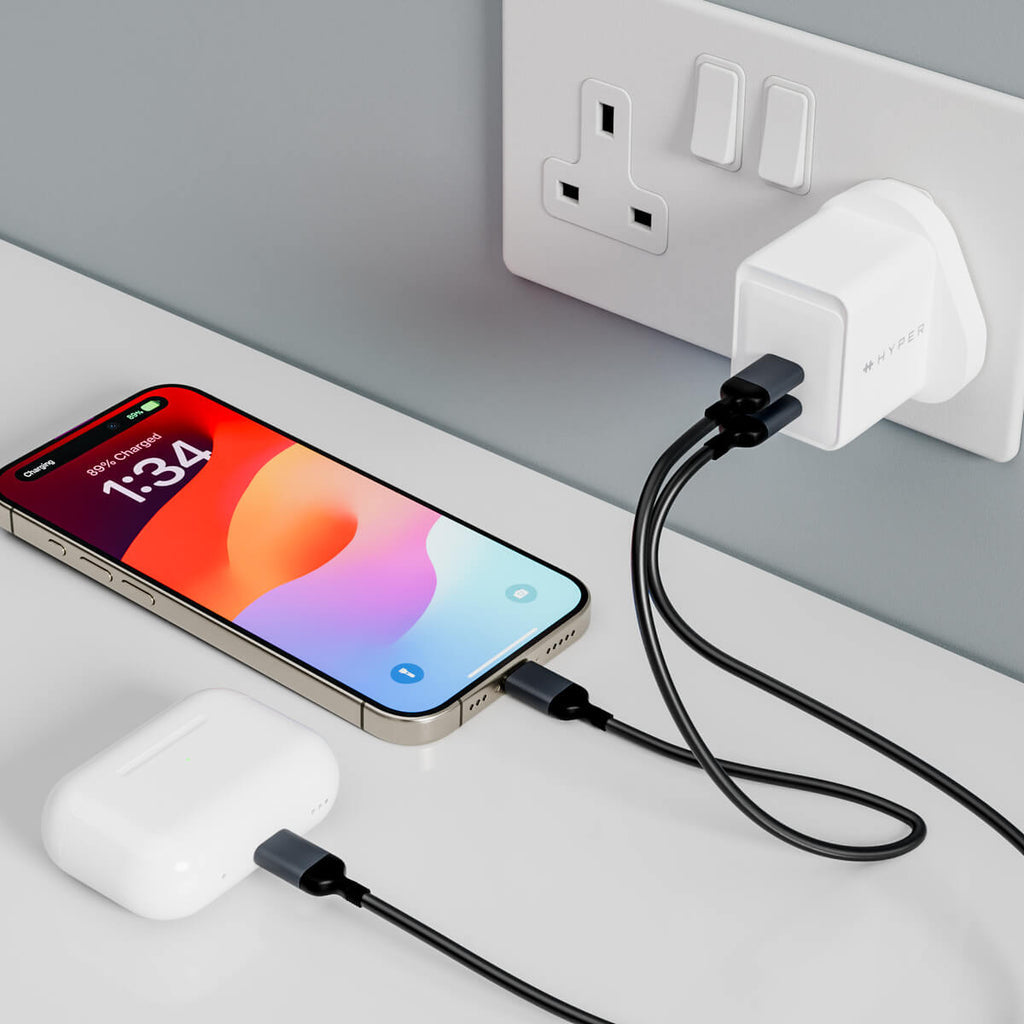 HyperJucie USB-Wandladegerät 35 W – USB-C×2 – PD 3.0, QC 3.0, PPS, GaN – UK-Stecker (Typ G) – Weiss