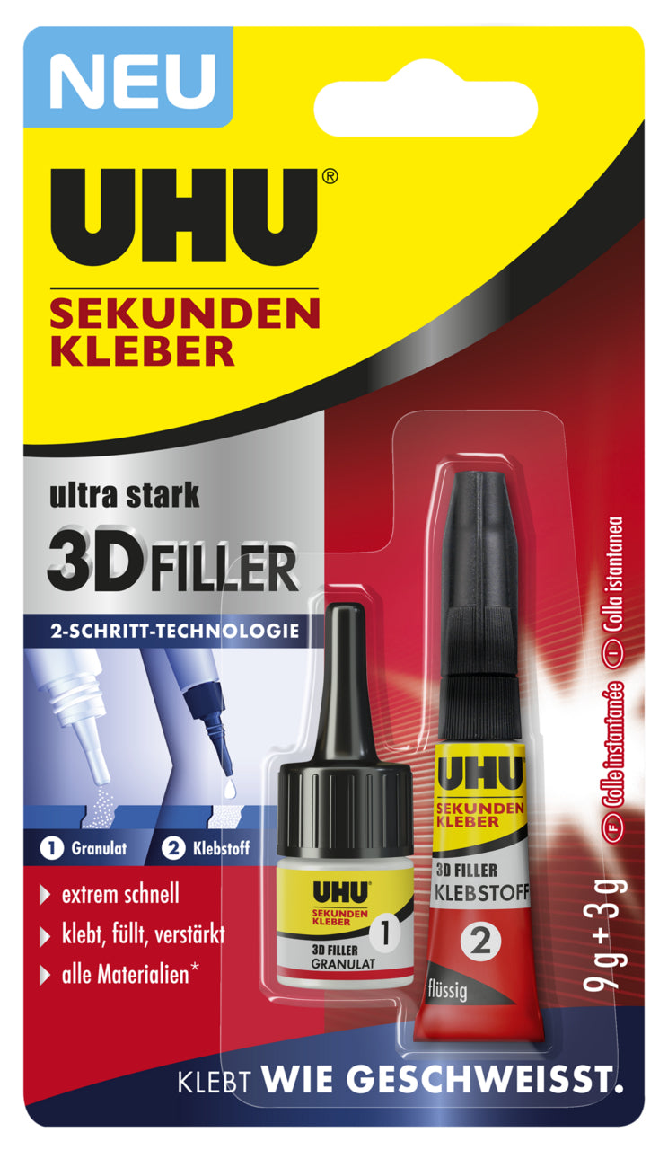 UHU Sekundenkleber – permanent, 3D-Füllgranulat, lösemittelfrei, 9 g, für Kunststoffe, Porzellan, Keramik