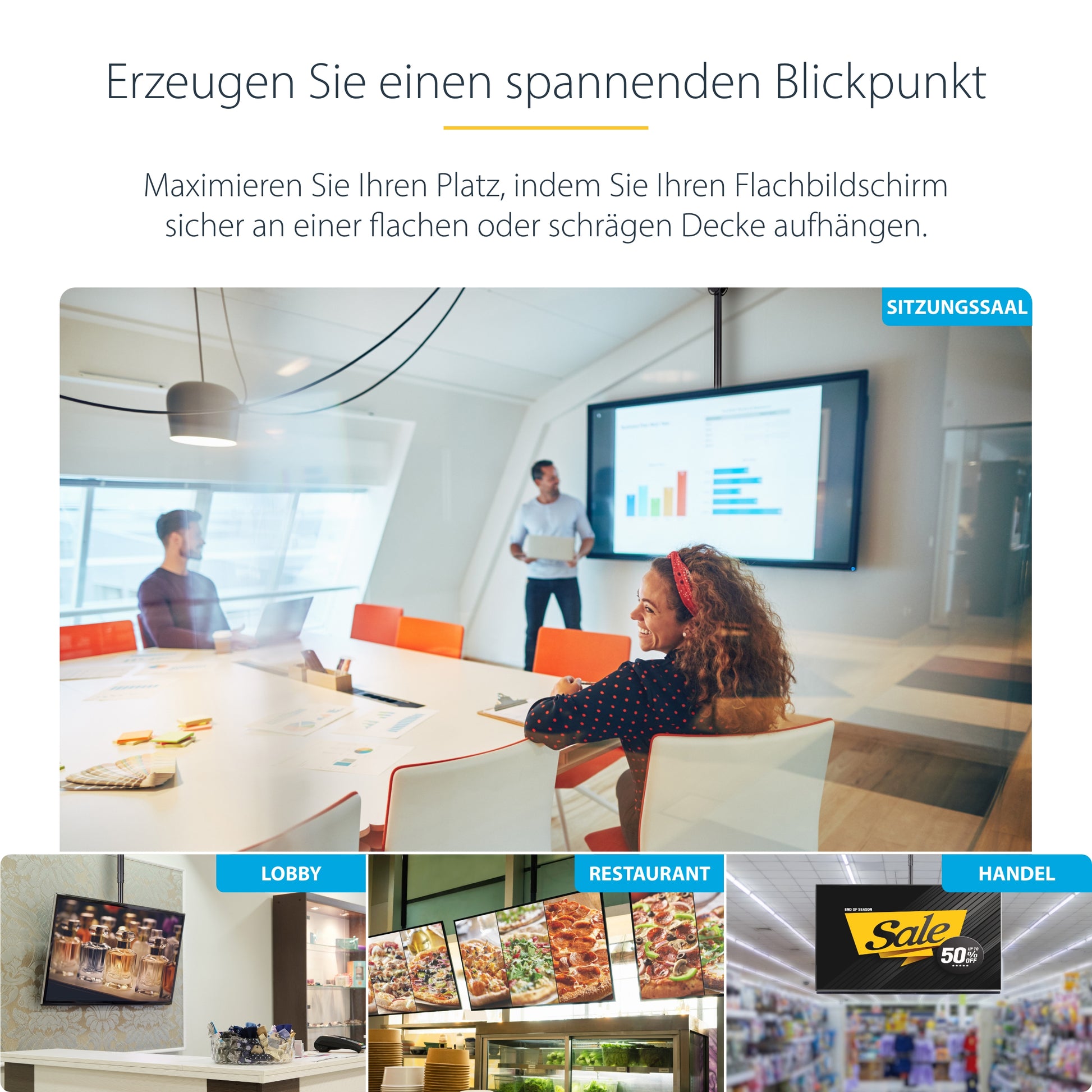 StarTech.com Deckenhalterung – 32–75" – VESA 200×200–600×400 – bis 50 kg, Teleskopmast – Schwarz