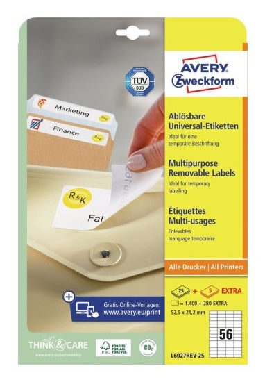 Avery Drucketiketten, 53 mm × 21 mm, weiss, Papier, wiederablösbar, Pack à 30 Blatt (1680 Etiketten)