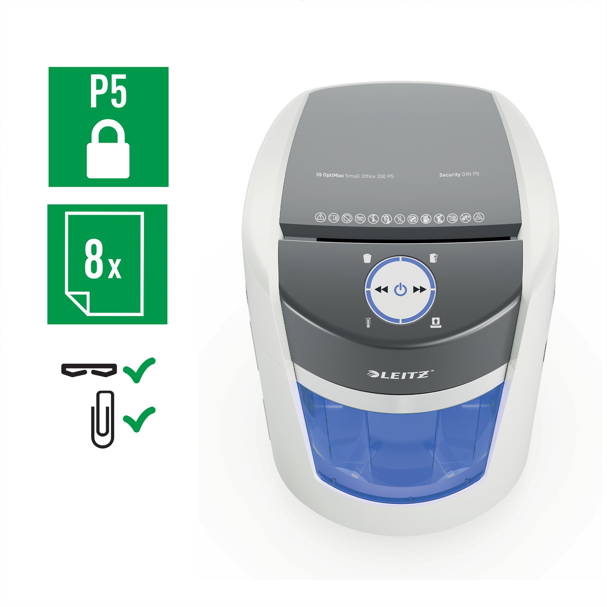 Leitz IQ OptiMax 350 – Aktenvernichter, DIN P-5, Mikroschnitt 2 × 15 mm, 8 Blatt, 22 l, A4