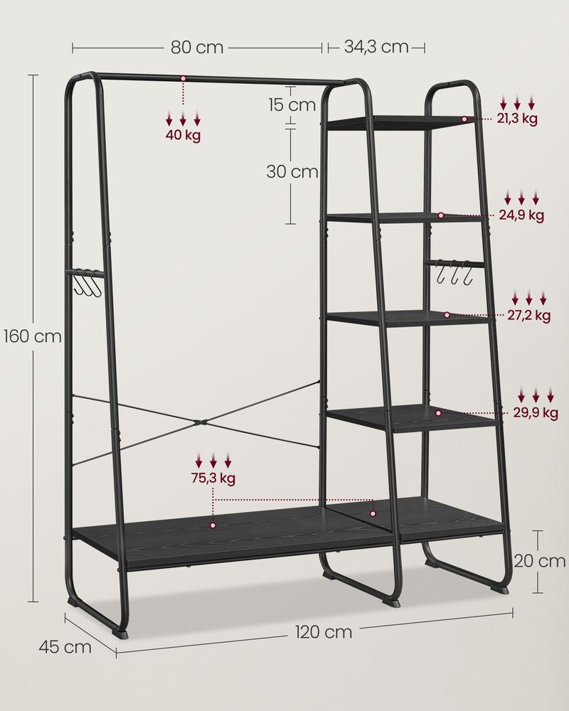 Vasagle Garderobenständer – 6 Haken, Stahl/Spanplatte, Schwarz, 120 × 45 × 160 cm