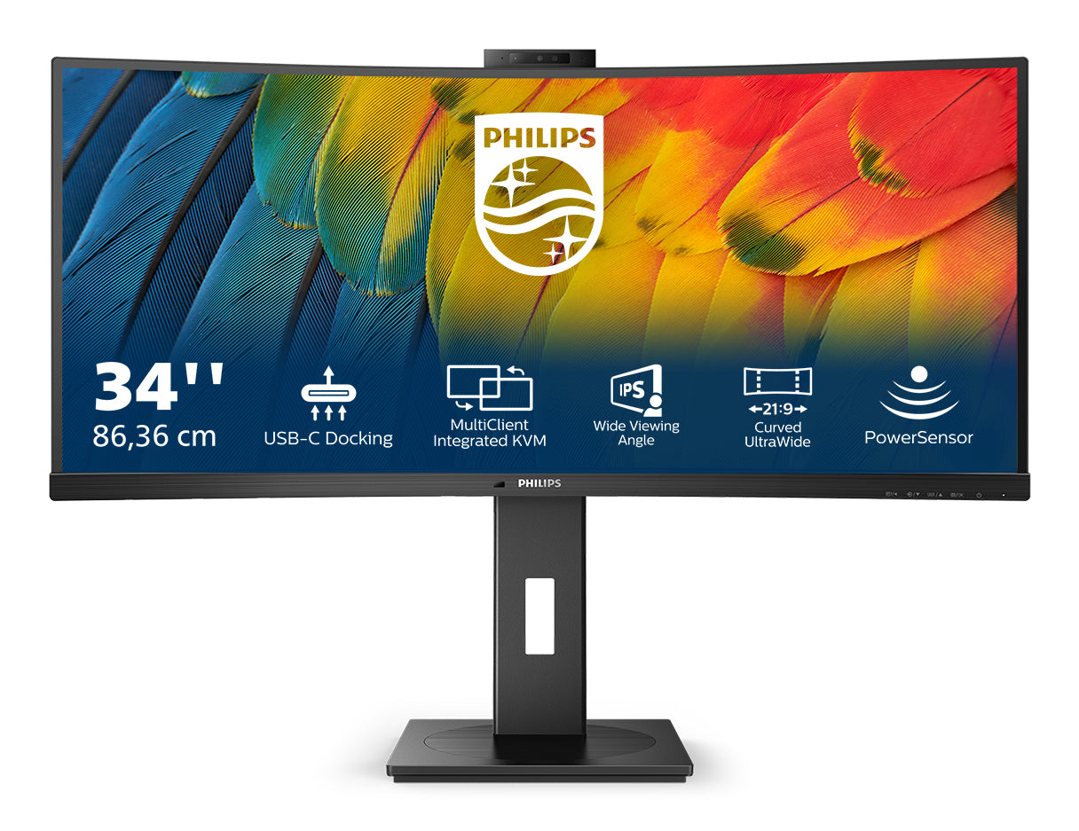 Philips 34B1U5600CH – Monitor, 34", VA, 120 Hz, 350 cd/m², Webcam, USB-C, KVM, VESA 100 × 100, Schwarz