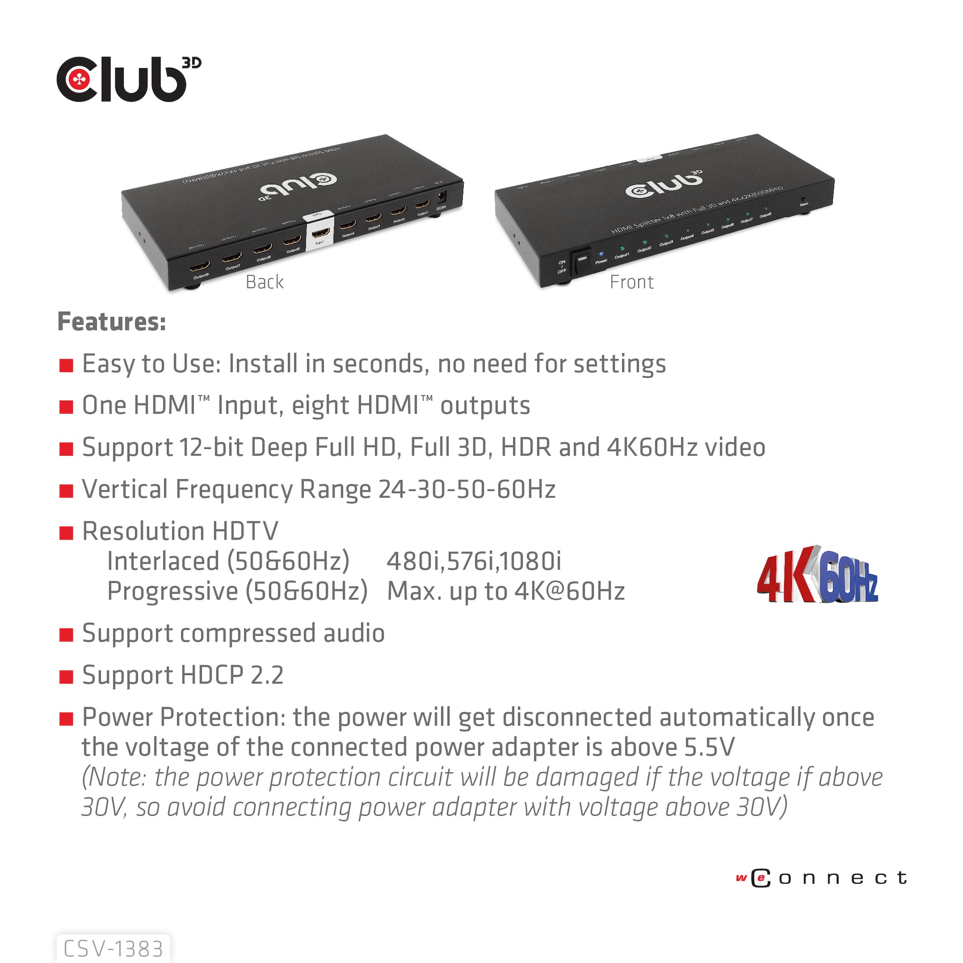 CLUB3D Club 3D – HDMI-Splitter 1×8, externes Netzteil, passiv