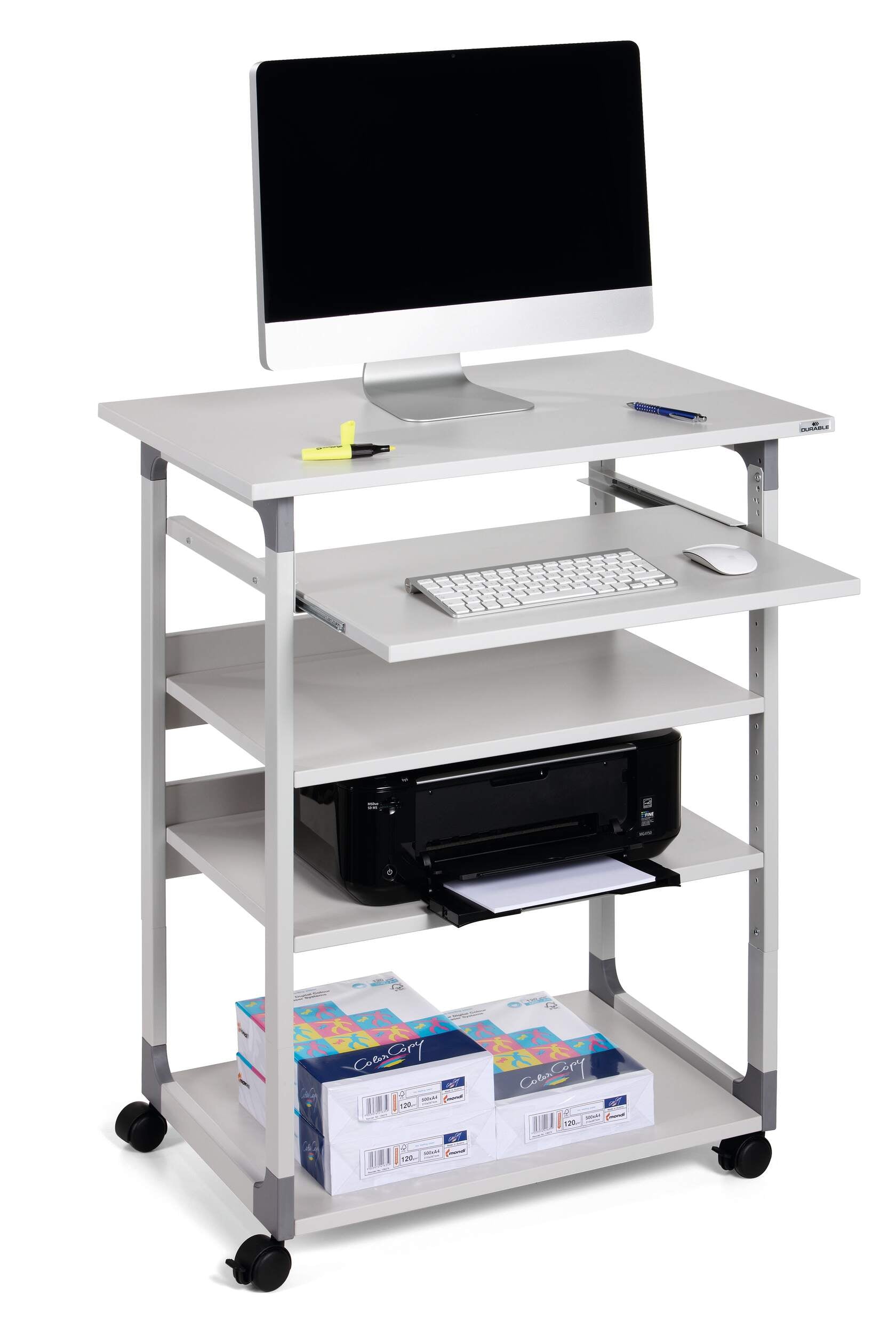 Durable SYSTEM 75 VH IT-/Medizin-Fahrwagen – 75 × 53,4 × 115 cm, höhenverstellbar, grau, Stahl