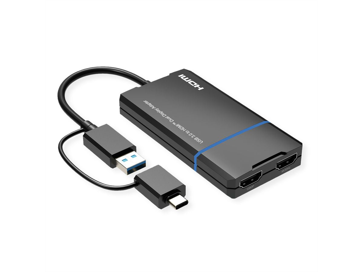 VALUE USB-A/USB-C Adapter zu 2× HDMI – 4K (3840 × 2160) @ 30 Hz + 1920 × 1080 @ 60 Hz, 0,15 m, USB 3.2 Gen 1