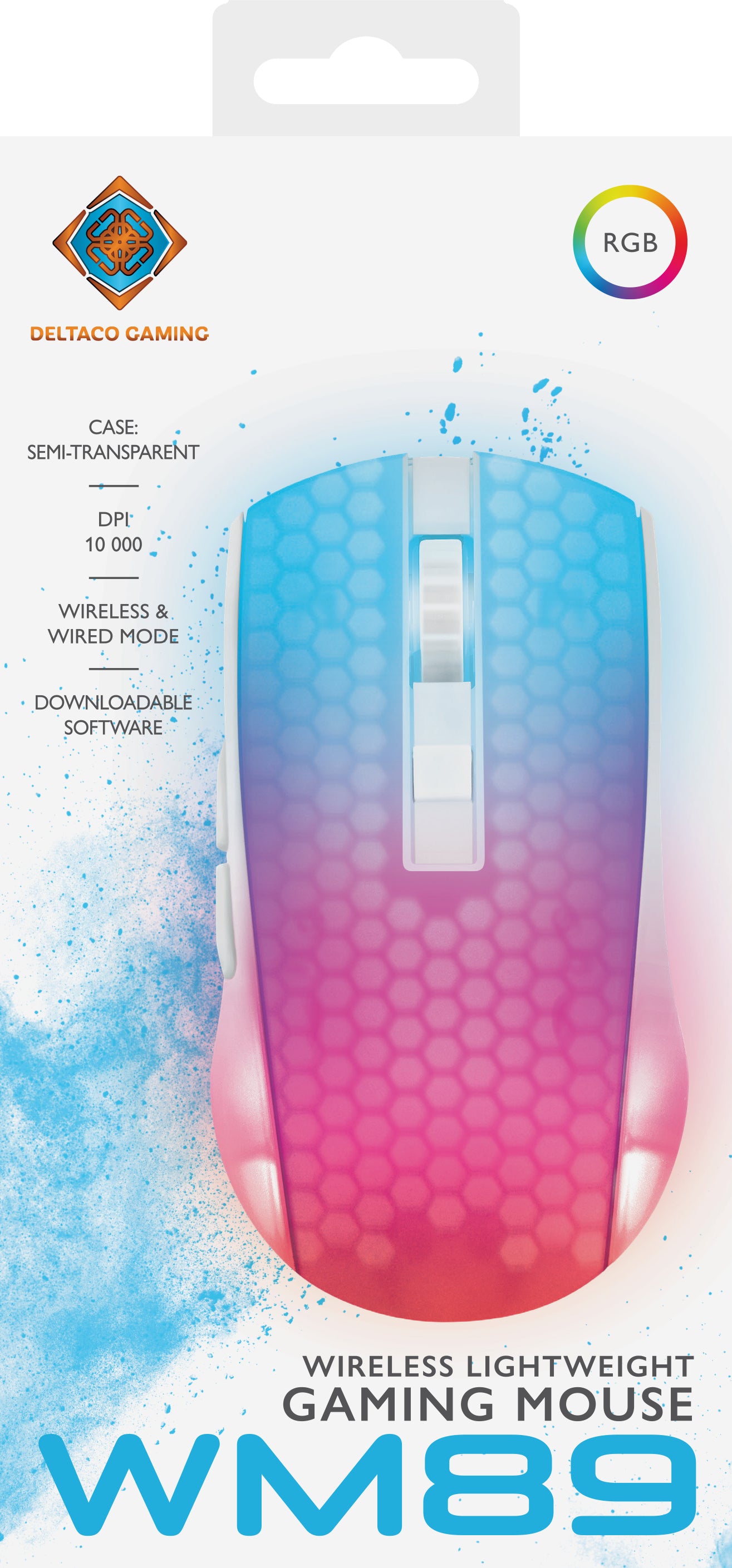 Deltaco Gaming DM320 – Gaming-Maus – Kabellos (Bluetooth/2,4 GHz), 10000 DPI, Rechtshänder, Weiss/Transparent