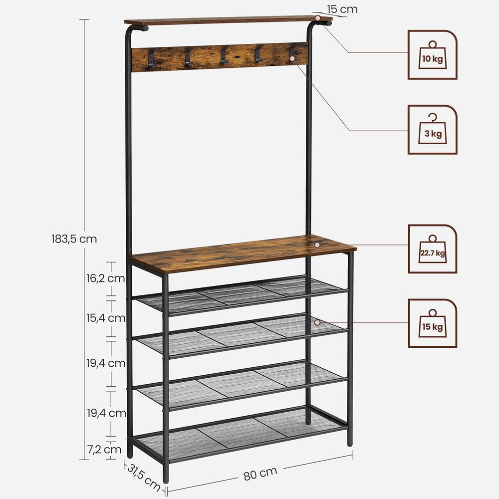 Vasagle Garderobe mit Schuhregal – 5 Haken, Spanplatte/Stahl, Braun/Schwarz, 80 × 31,5 × 183,5 cm