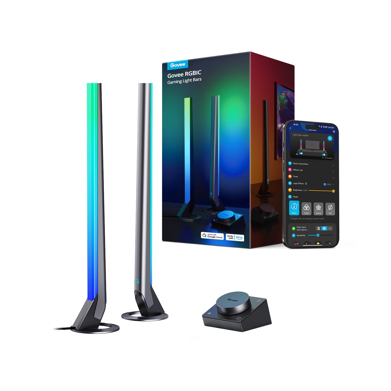 Govee Lightbar H6047 – 5er Pack, 24 W, RGBIC, WiFi/BT, für Alexa/Google/Siri, Schwarz, Audio-Sync, Controller