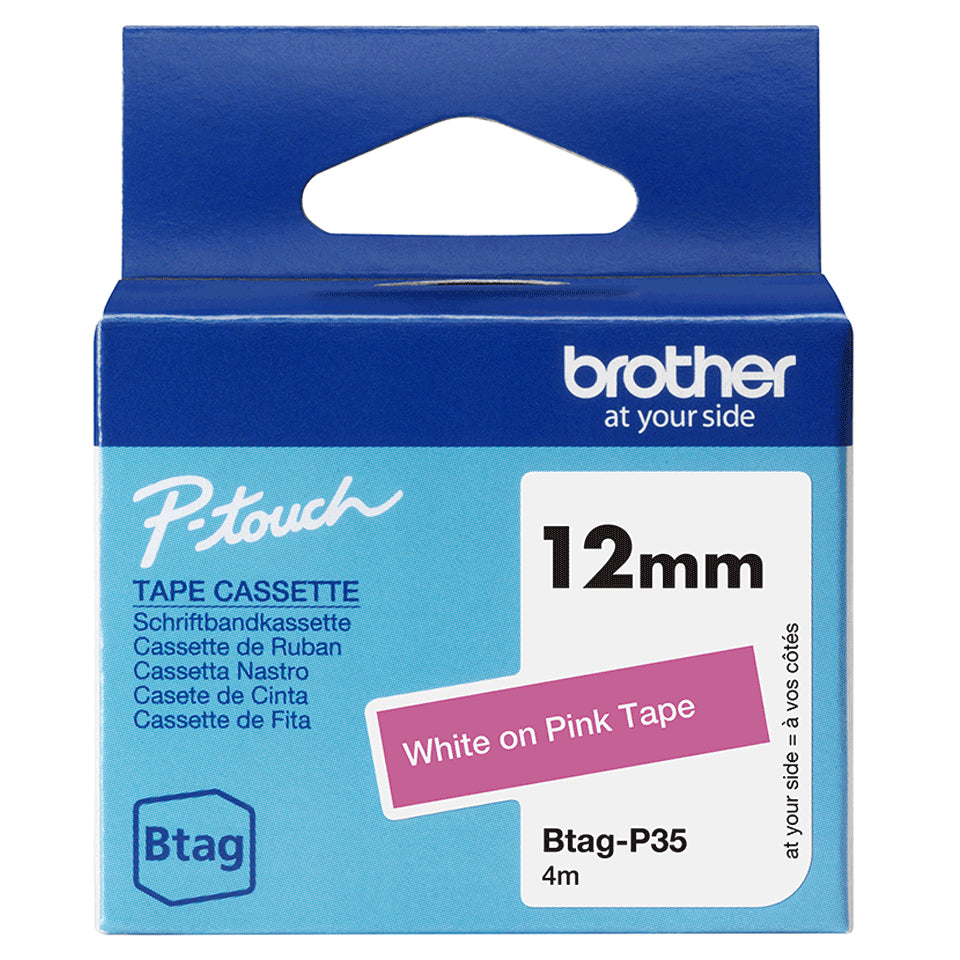 Brother Schriftband – 12 mm × 4 m, pink, weiss