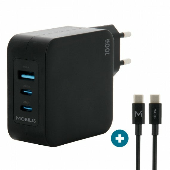 Mobilis Netzteil – 100 W, 2× USB-C + 1× USB-A, GaN, mit 2 m Kabel
