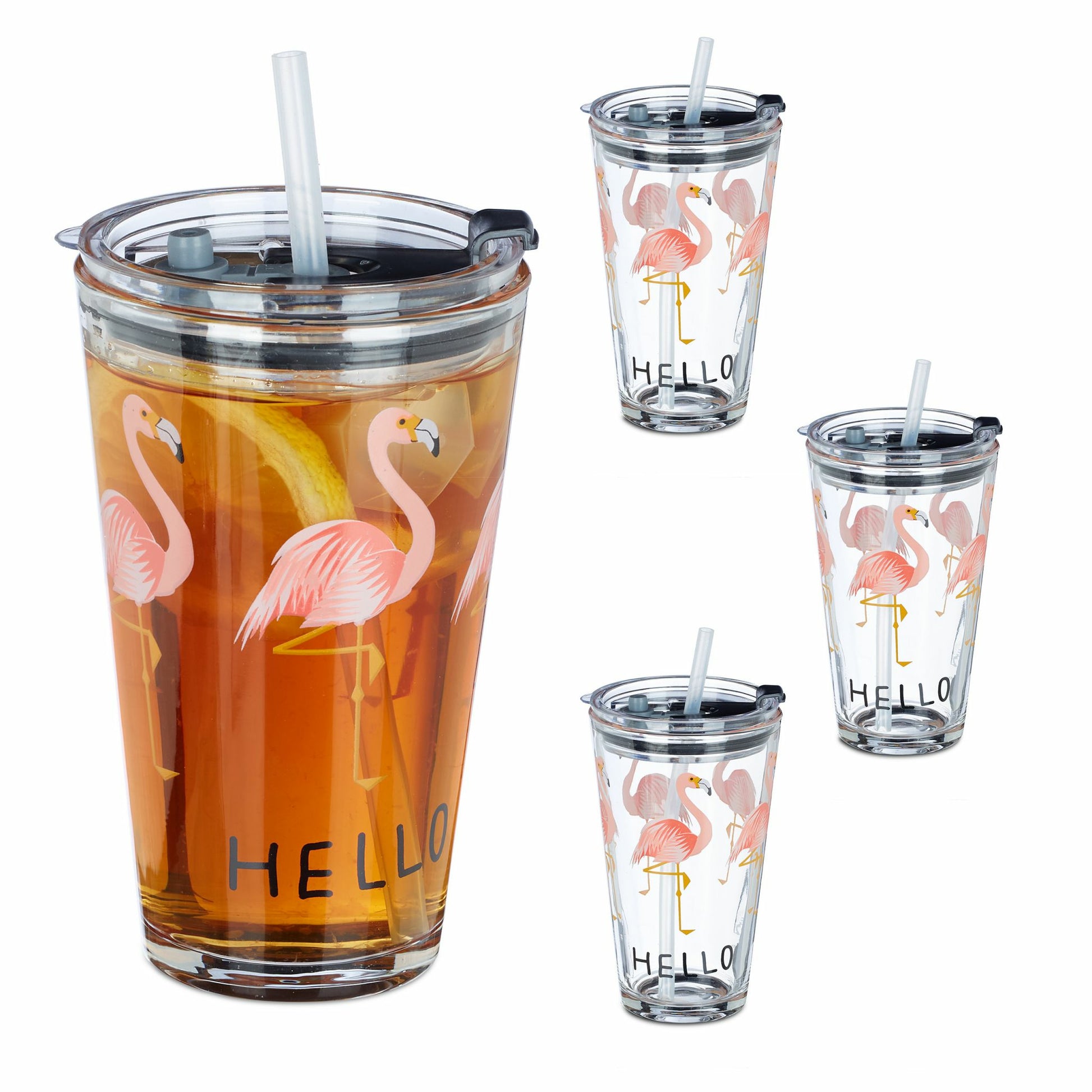 Relaxdays Trinkglas Flamingo – 450 ml, Ø 9,0 cm, H 15,5 cm, Kunststoff, Rosa