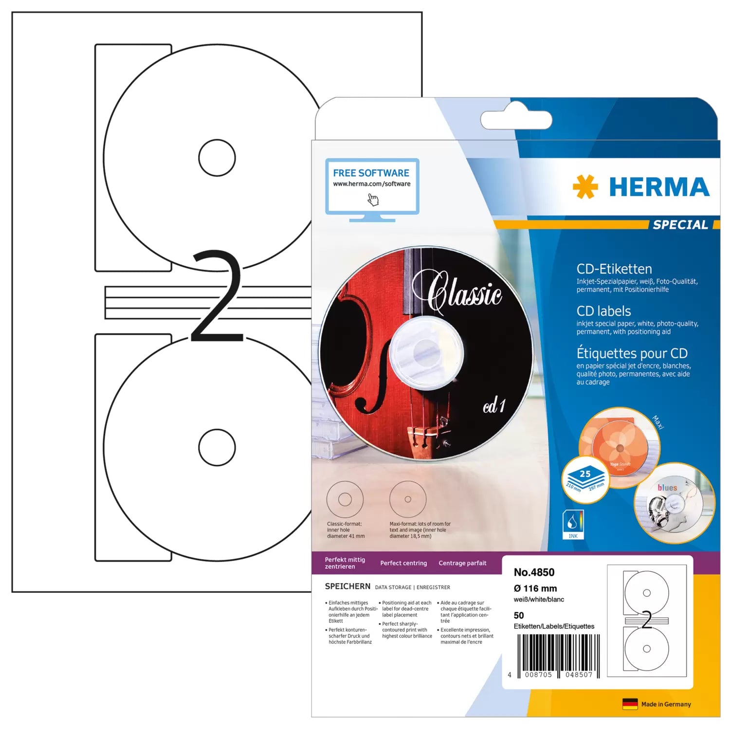 HERMA Special – Etiketten A4 Ø 116 mm – Papier, matt, weiss – Inkjet – 2/Blatt, 25 Blätter