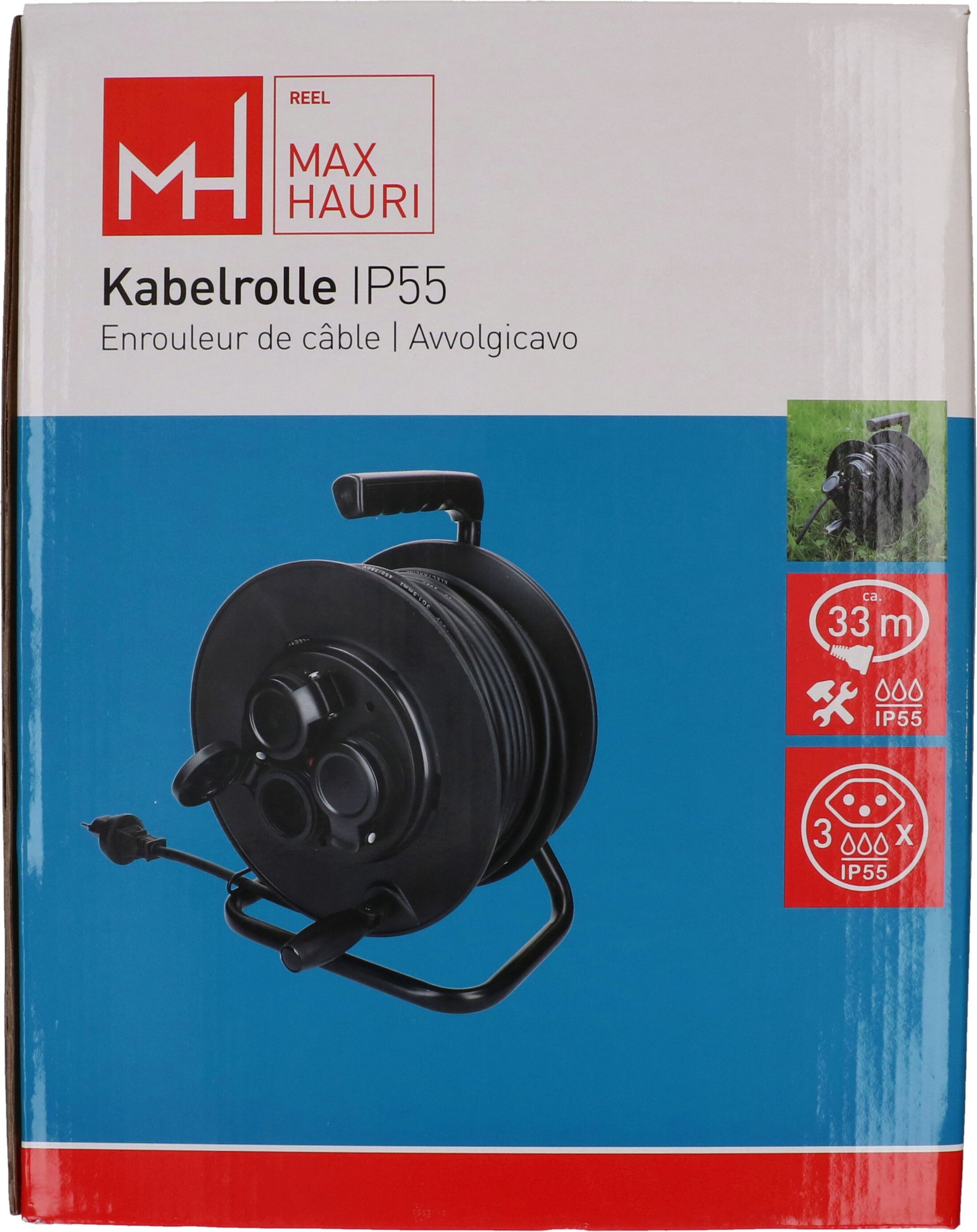 Max Hauri AG Max Hauri Kabelrolle – 3× T13, 33 m, IP55, schwarz