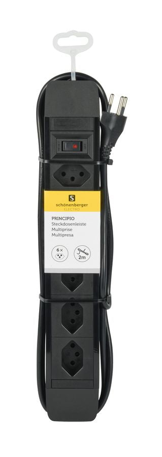M. Schönenberger PRINCIPIO Steckdosenleiste, 6×T13, mit Schalter, 2 m, Eingang T12, IP20 – schwarz