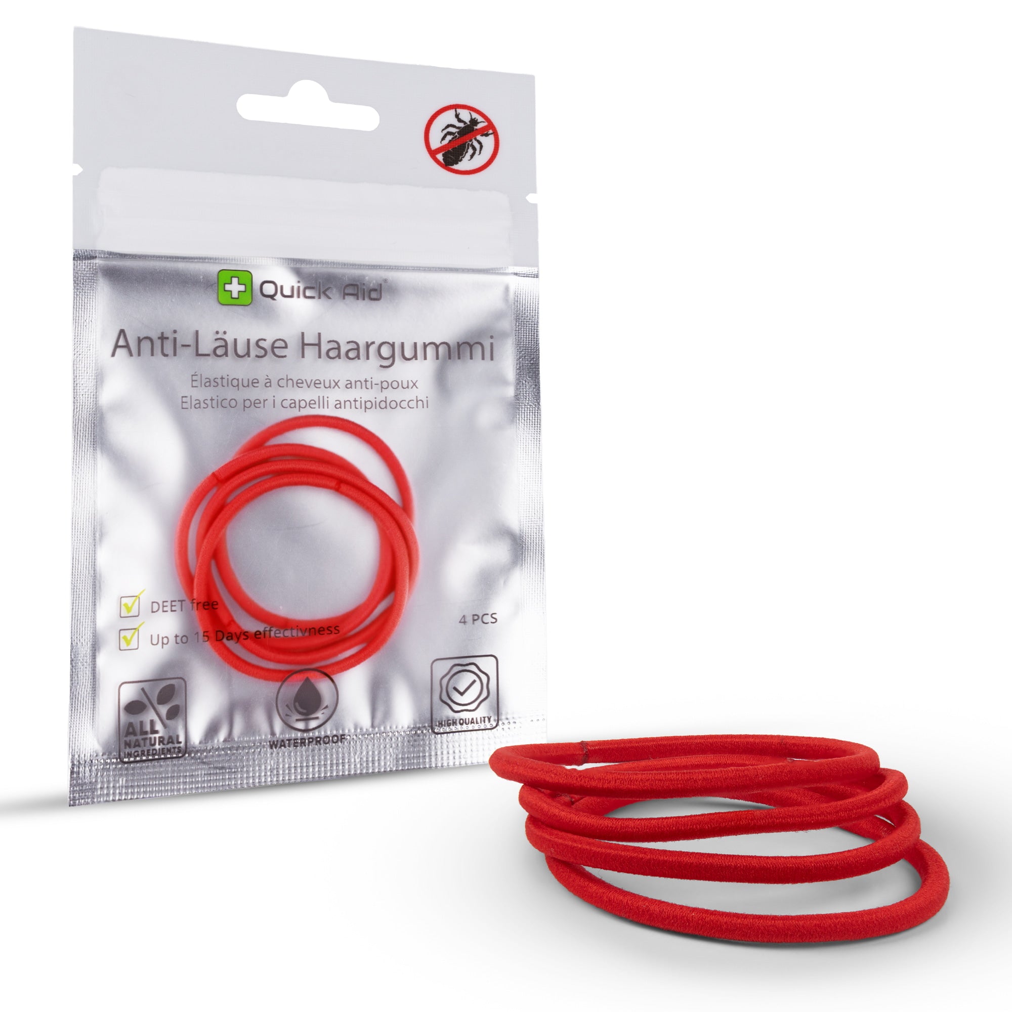 Quick Aid Anti-Läuse Haargummi – 9 × 14 cm – Rot – 4 Stk.