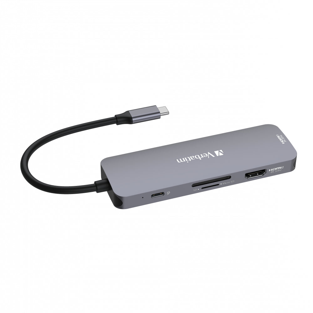Verbatim CMH-08 Multiport-Adapter – USB-C, 2× HDMI, 3× USB-A, 100 W PD, SD/microSD, für Windows/Mac/ChromeOS