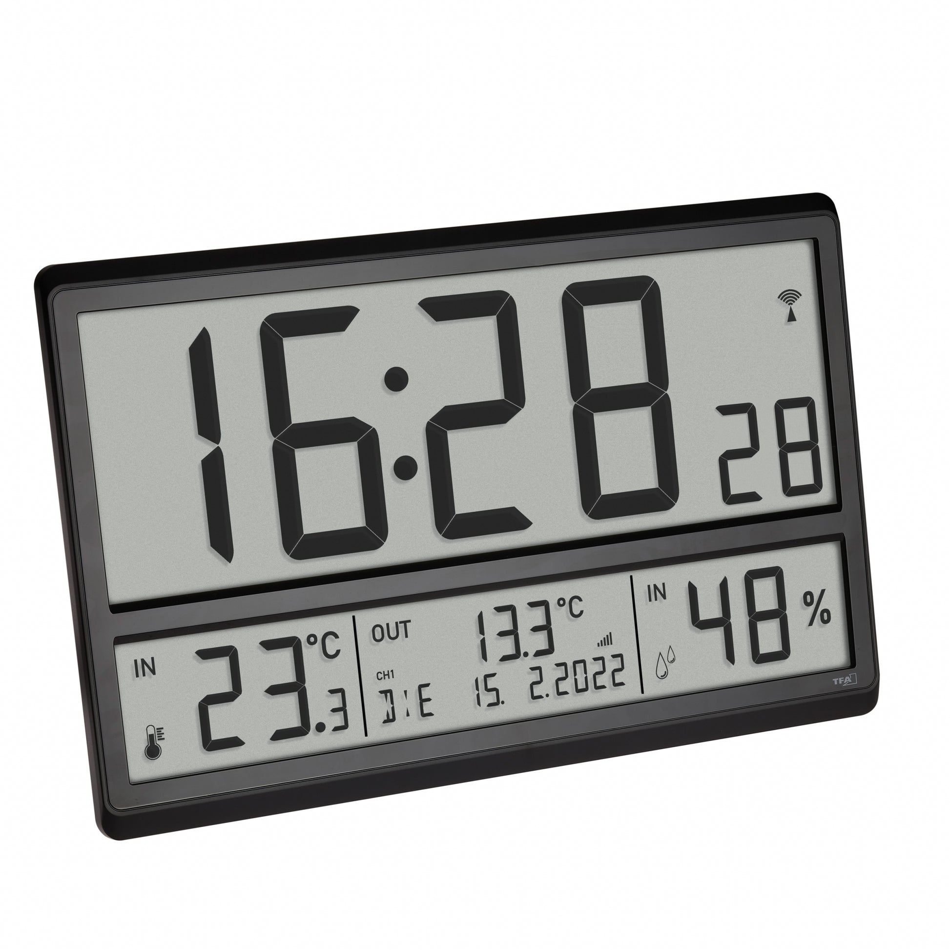 TFA-Dostmann TFA Dostmann Digitalwecker – Funk, Schlummerfunktion, Thermometer, 36 × 23,5 × 2,8 cm, Schwarz