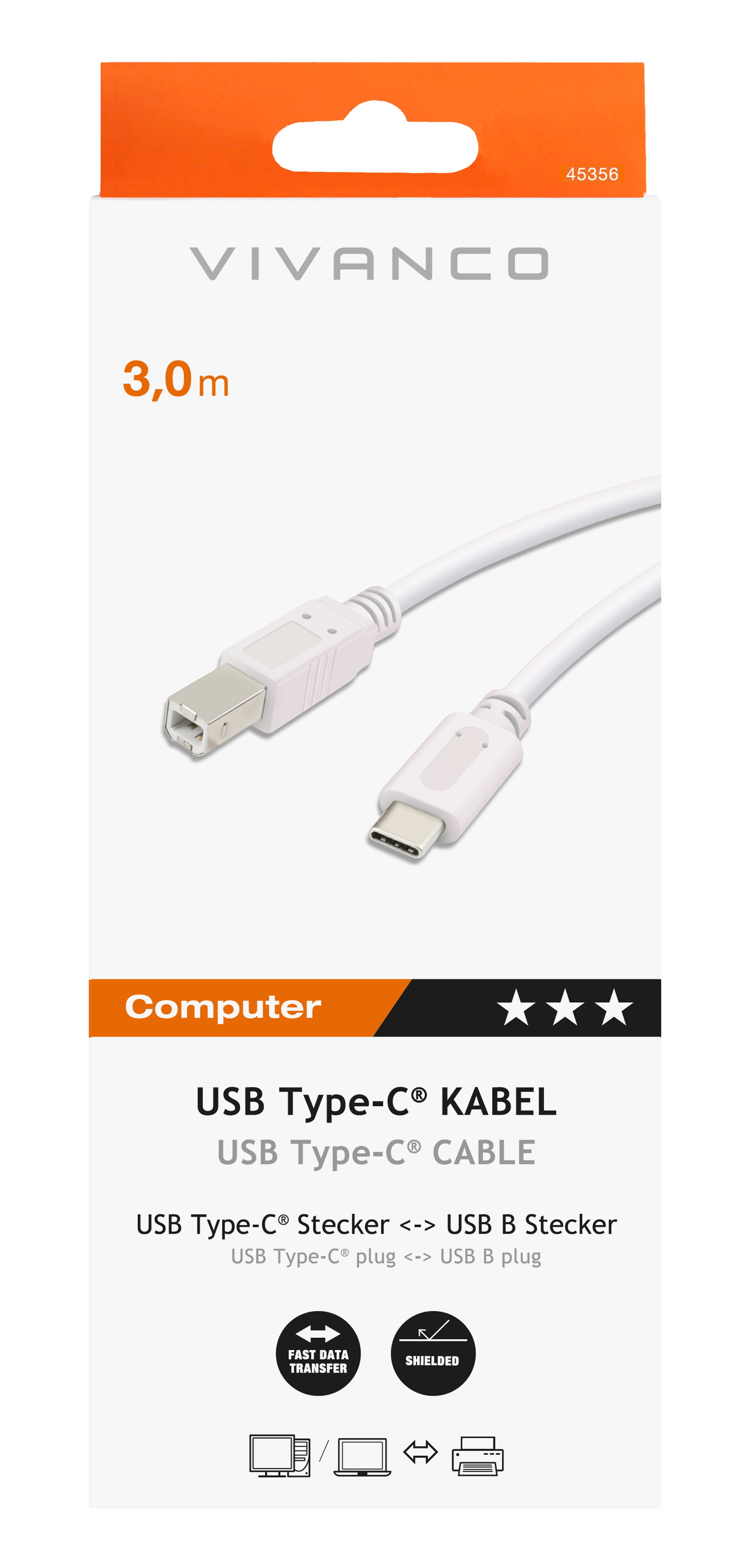 Vivanco USB-C auf USB-B Kabel – 3 m – Weiss – für Drucker, Scanner und mehr