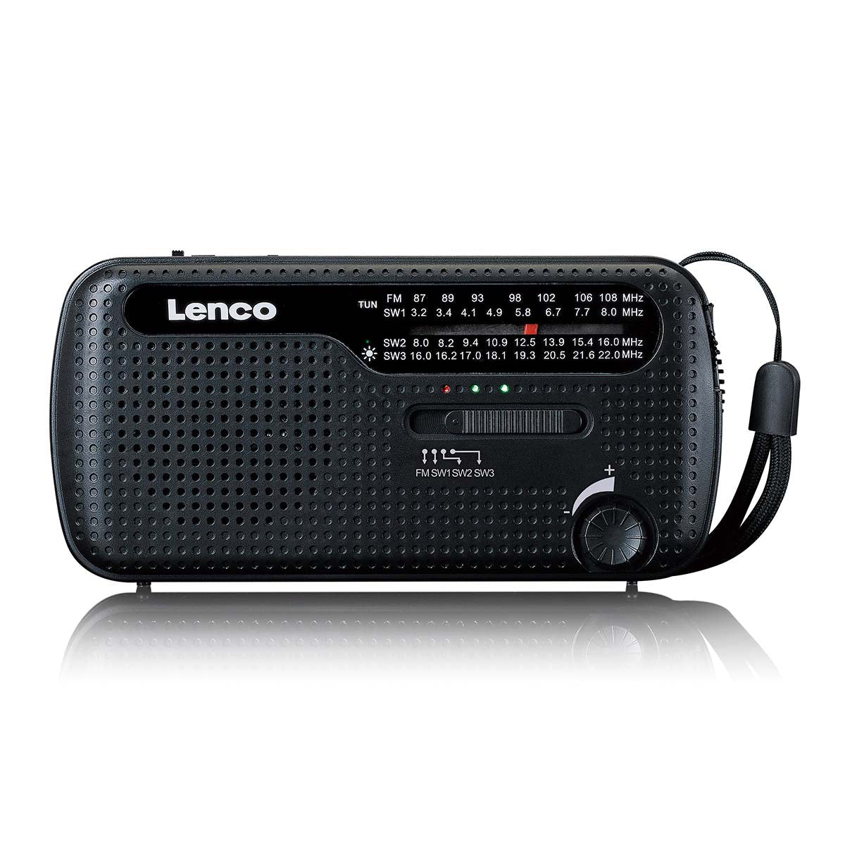 Lenco MCR-113BK – Tragbares Radio, UKW, Kurbel/Dynamo, Solar-/USB-C-Ladung, Powerbank, Lampe – Schwarz