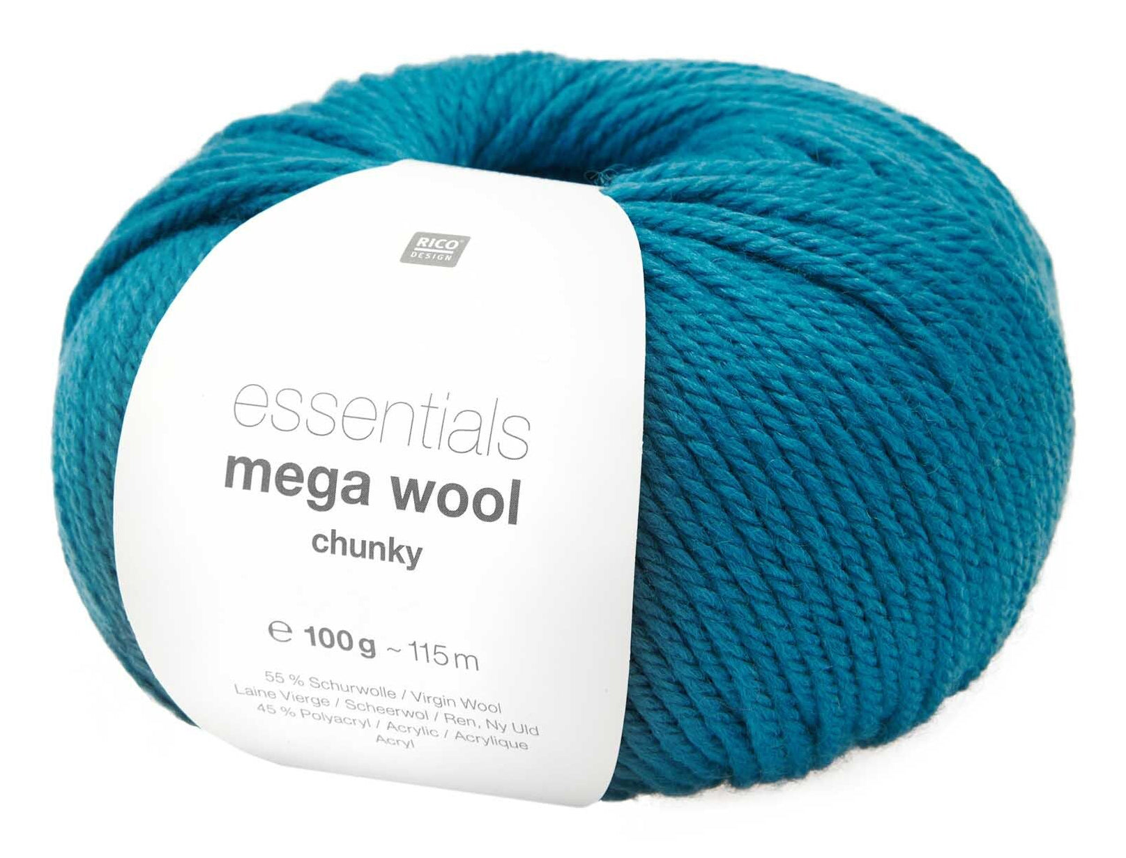 Rico Design Essentials Mega Wool Chunky Wolle Türkis – 100 g, 125 m, 55% Schurwolle/45% Polyacryl, Nadel 6 mm