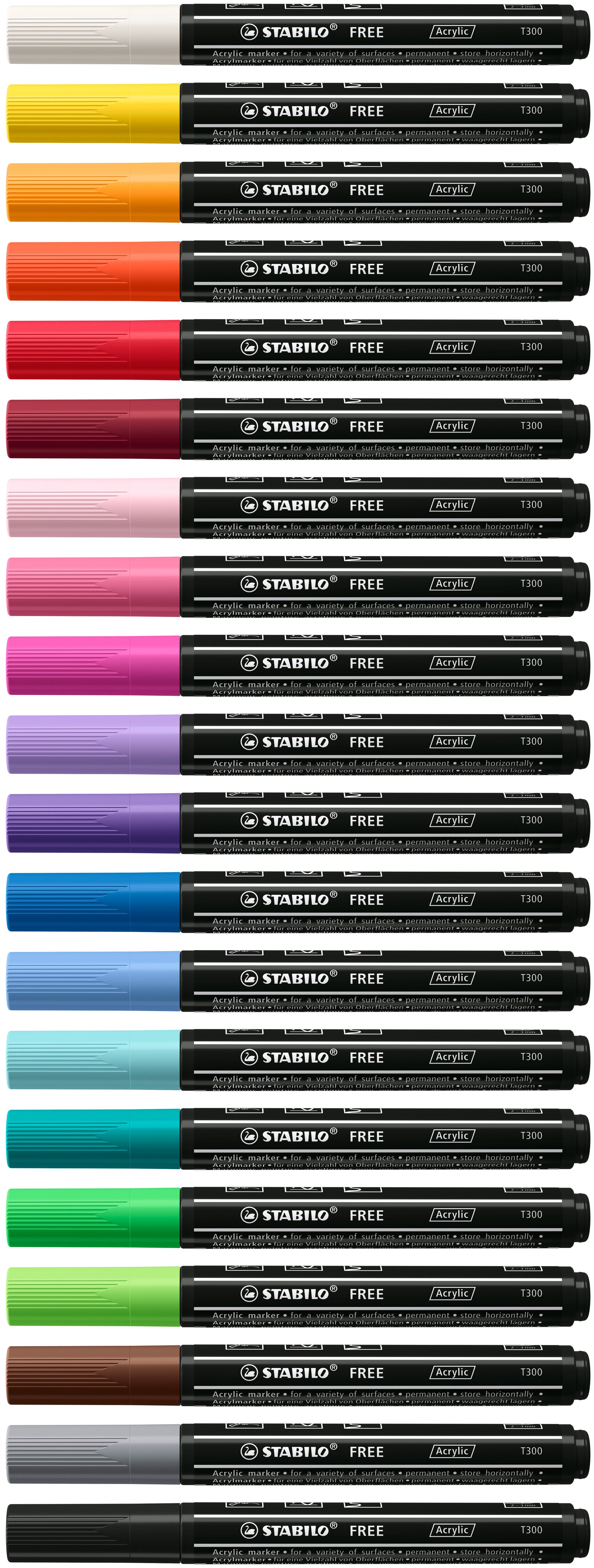 STABILO FREE Acryl T300 Acrylmarker – Rundspitze 2–3 mm – Candy, 5er-Set – für Stein
