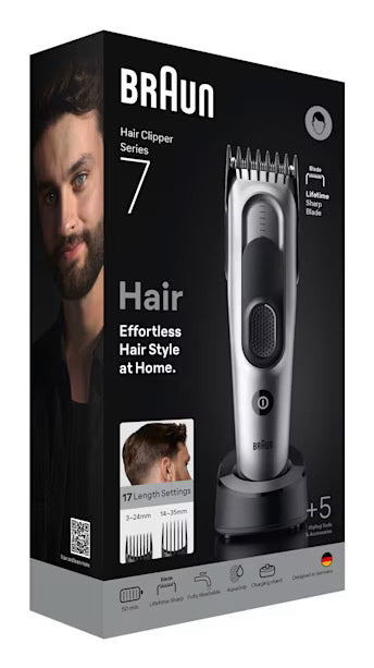 Braun Haarschneider Serie 7 HC7590 – 3–35 mm, 17 Längeneinstellungen – 50 min Akku – Schwarz/Silber