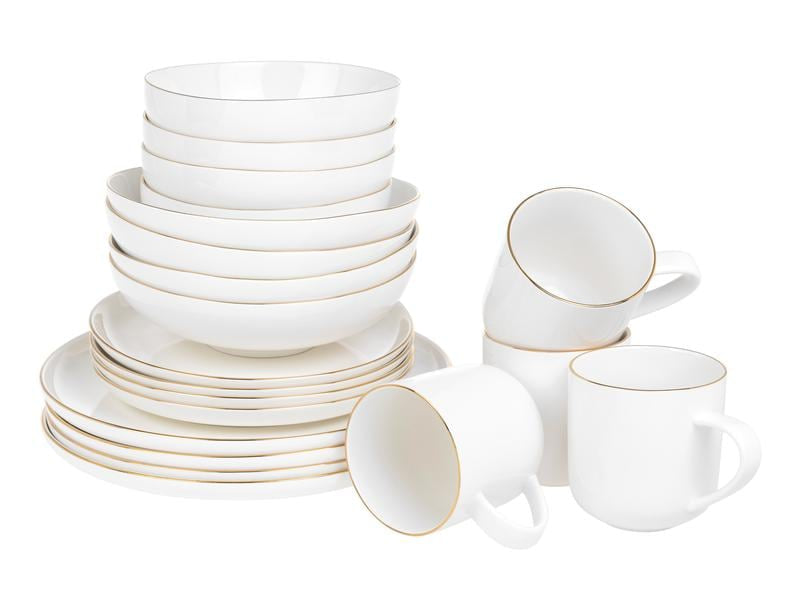 Furber. Furber Geschirrset – 20-teiliges Set, Ø 26,5 cm, Knochenporzellan, Weiss/Gold, spülmaschinenfest