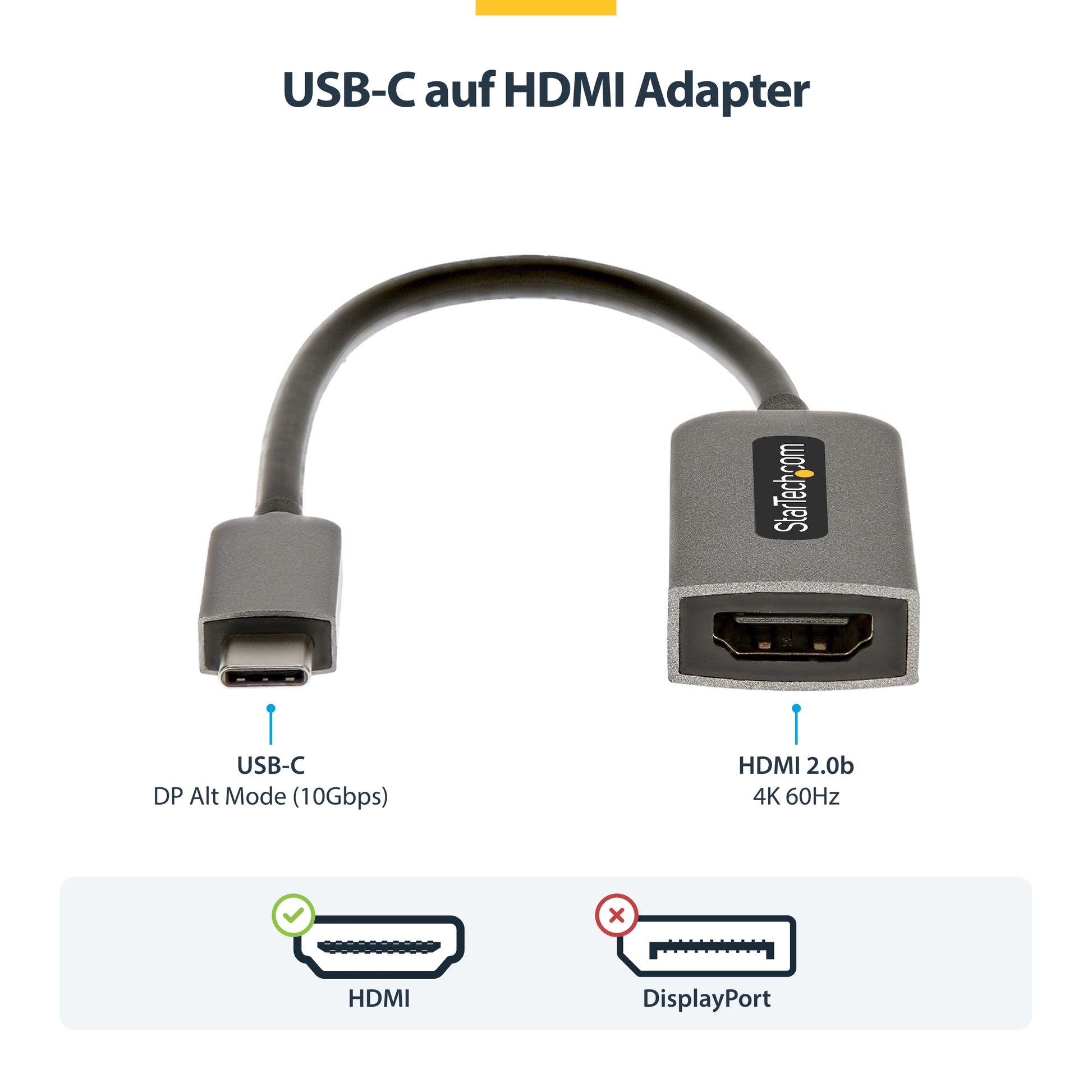 StarTech.com USB-C zu HDMI Adapter – 4K (4096 × 2160) @ 60 Hz, HDMI 2.0b, 13 cm, für Monitor/Display/TV