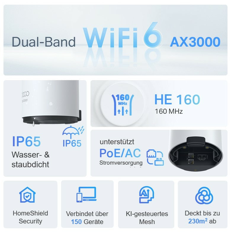 TP-Link Deco X50-Outdoor – Access Point – Wi-Fi 6 (2,4/5 GHz), 3,0 Gbit/s, 2×GbE, PoE