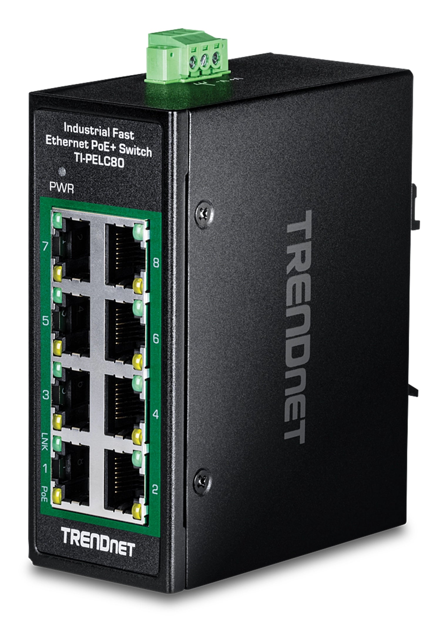TRENDnet TI-PELC80 – Unmanaged Switch – 8× 10/100 RJ-45, PoE+ (8×), PoE-Budget 200 W, DIN-Schiene, IP30