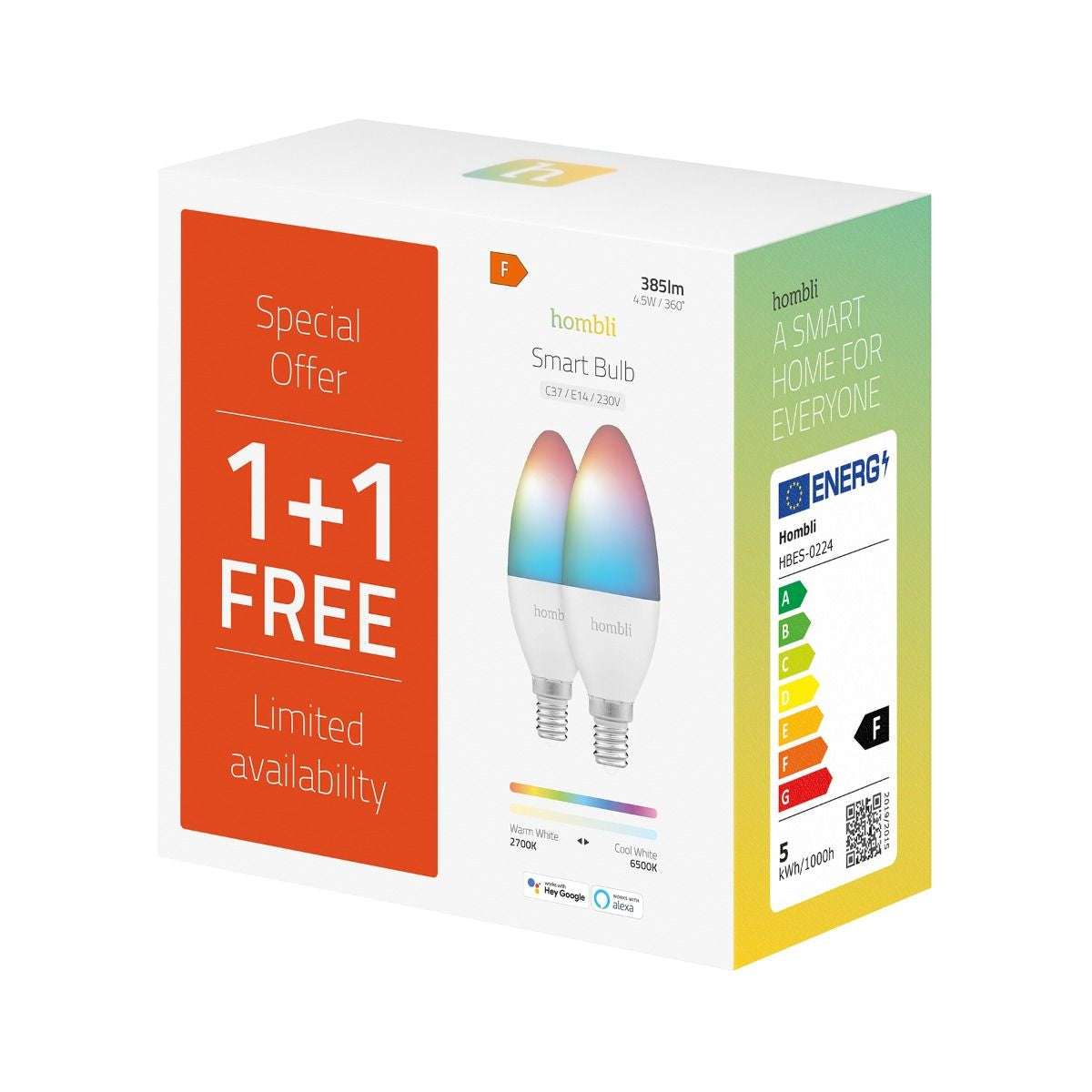 Hombli Smart-Leuchtmittel E14 HBPP-0111 – 380 lm, 2700–6500 K/mehrfarbig, WLAN/App, dimmbar – 2er-Pack