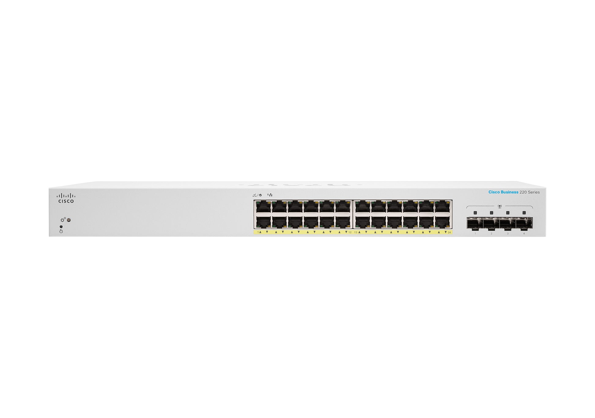Cisco CBS220-24P-4G – Managed L2 Switch – 24× 1G, 4× SFP, PoE, PoE-Budget 195 W, 19", 1U
