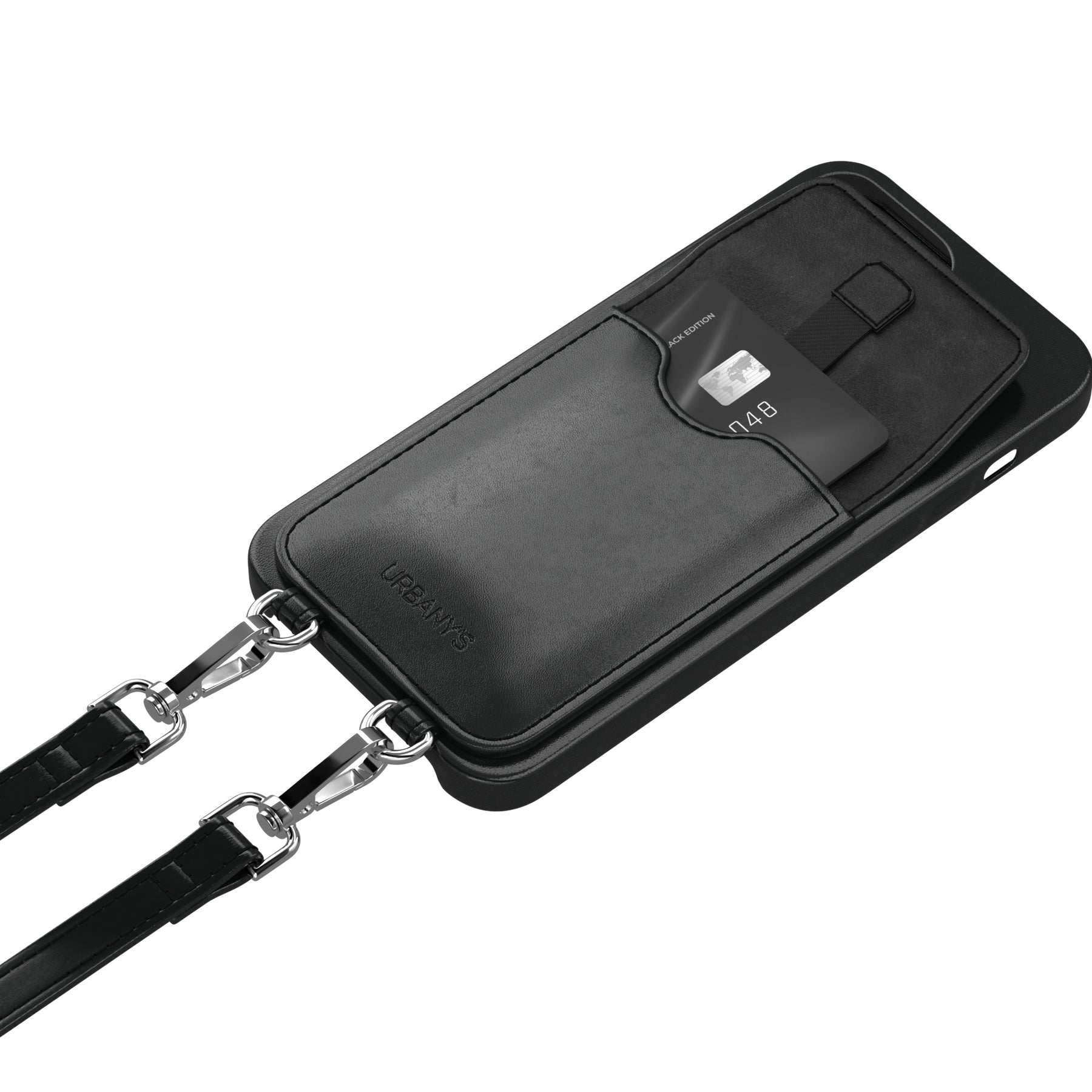 Urbany's Necklace-Hülle Night Owl – für Apple iPhone 15 Pro Max – schwarz – Kunstleder – mit Kartenfach