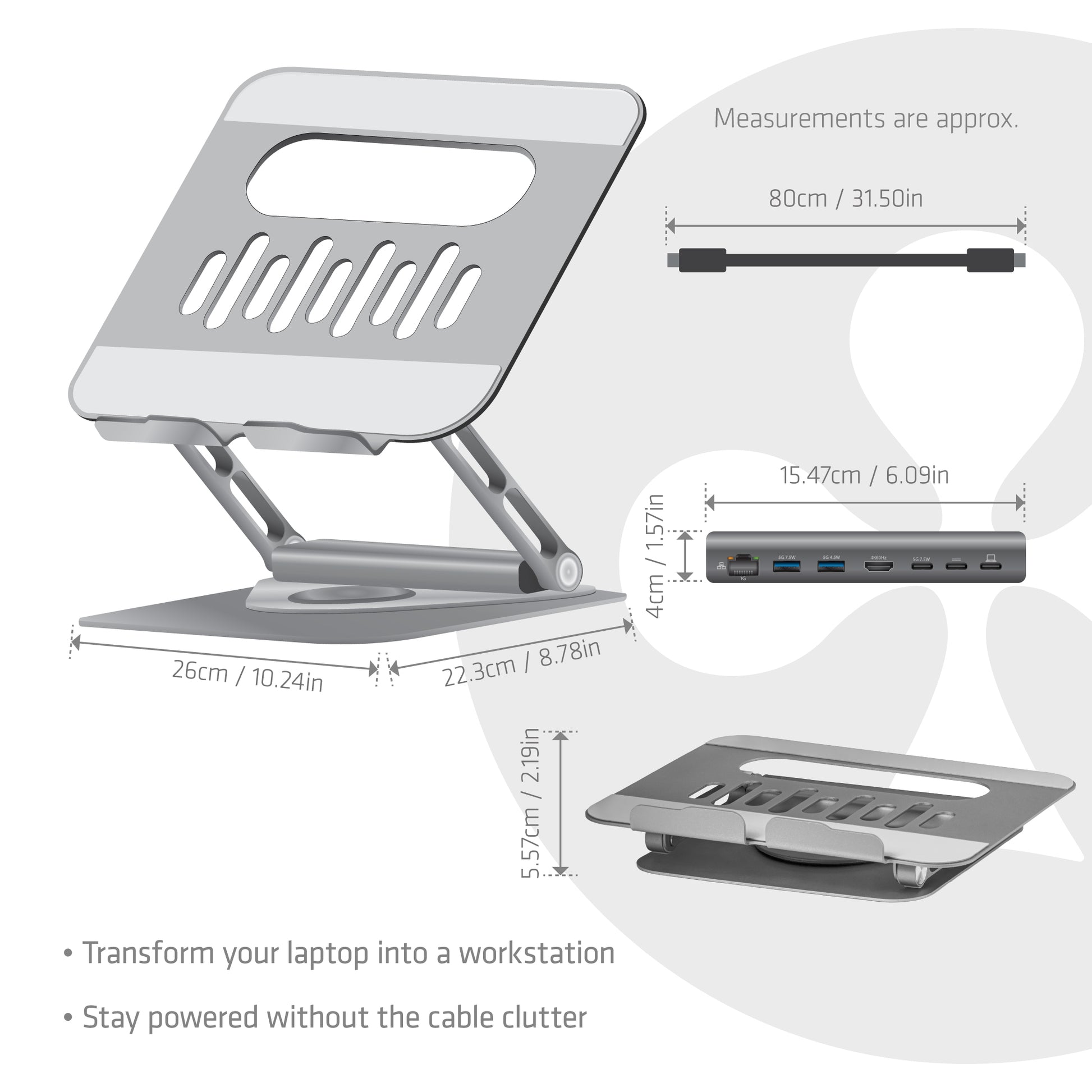CLUB3D Laptop-Ständer – bis 17,3", höhenverstellbar, mit USB-C-Hub 100 W – Grau