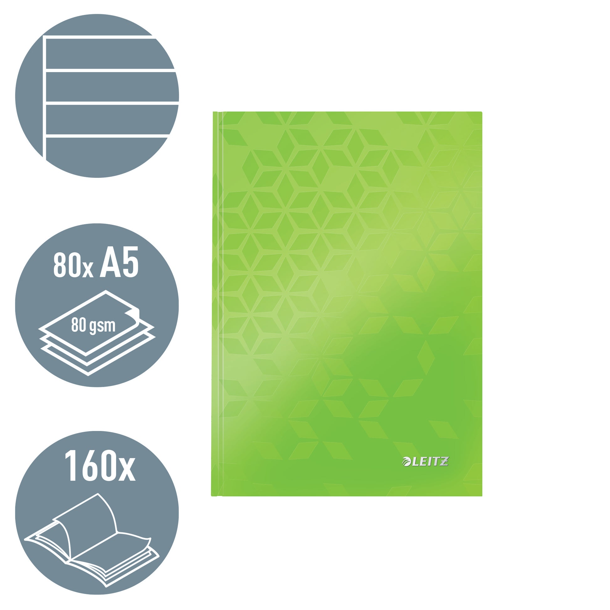 Leitz Notizbuch, A5, liniert, Fadenheftung, Karton, 160 Seiten, 90 g/m² – grün