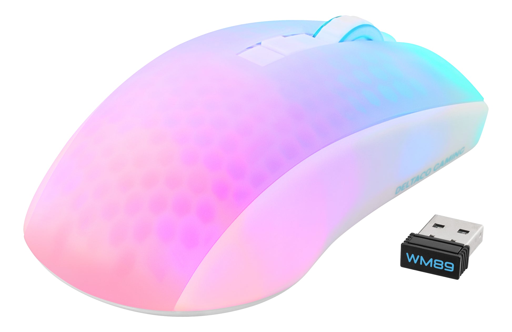 Deltaco Gaming DM320 – Gaming-Maus – Kabellos (Bluetooth/2,4 GHz), 10000 DPI, Rechtshänder, Weiss/Transparent