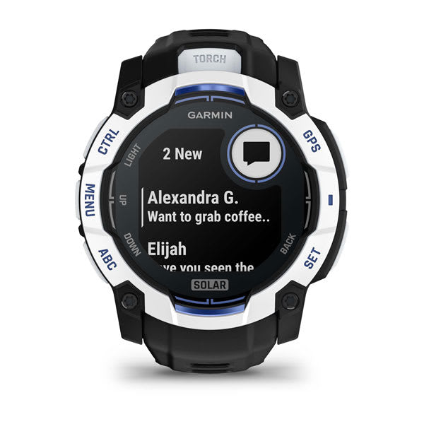 Garmin Instinct 3 50 mm GPS – faserverstärkter Kunststoff Weiss, Sportarmband, Dunkelblau, 100 m, für iPhone