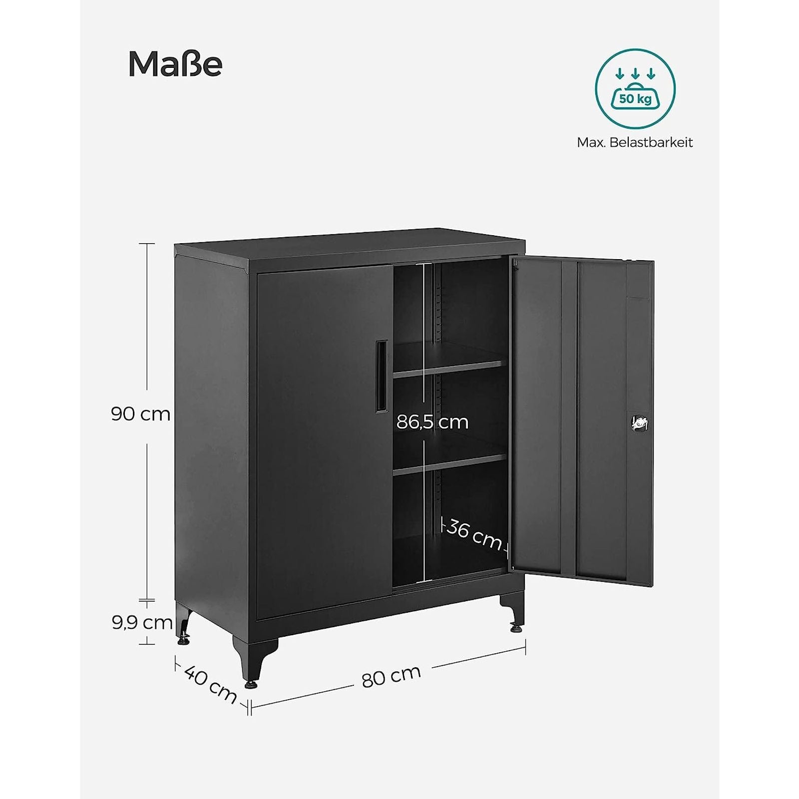 Songmics OMC013B01 – Aktenschrank, 2 Tablare, abschliessbar, Stahl, 800 × 400 × 900 mm, Schwarz