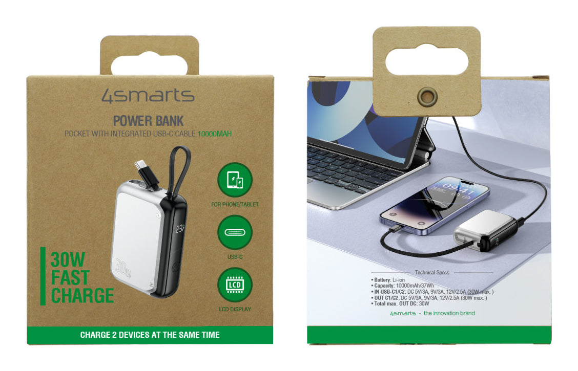 4smarts Powerbank 10000 mAh, PD 30 W, mit integriertem Kabel, für Smartphones, Silber